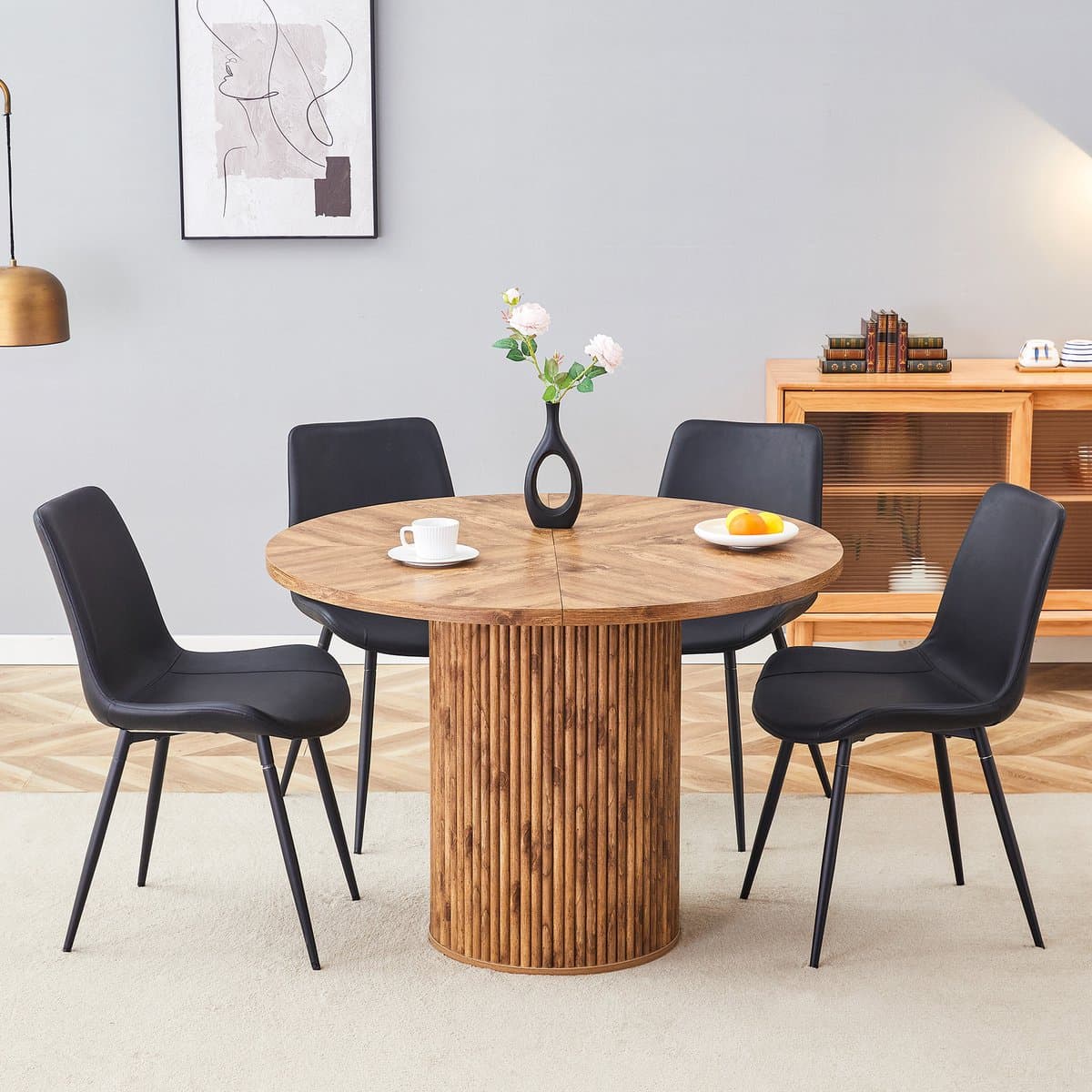 MODENUIT Eettafelset 100 cm - Ronde Tafel met 4 Stoelen - Voor Eetkamer en Keuken - MDF, Metaal en PU - Zwart
