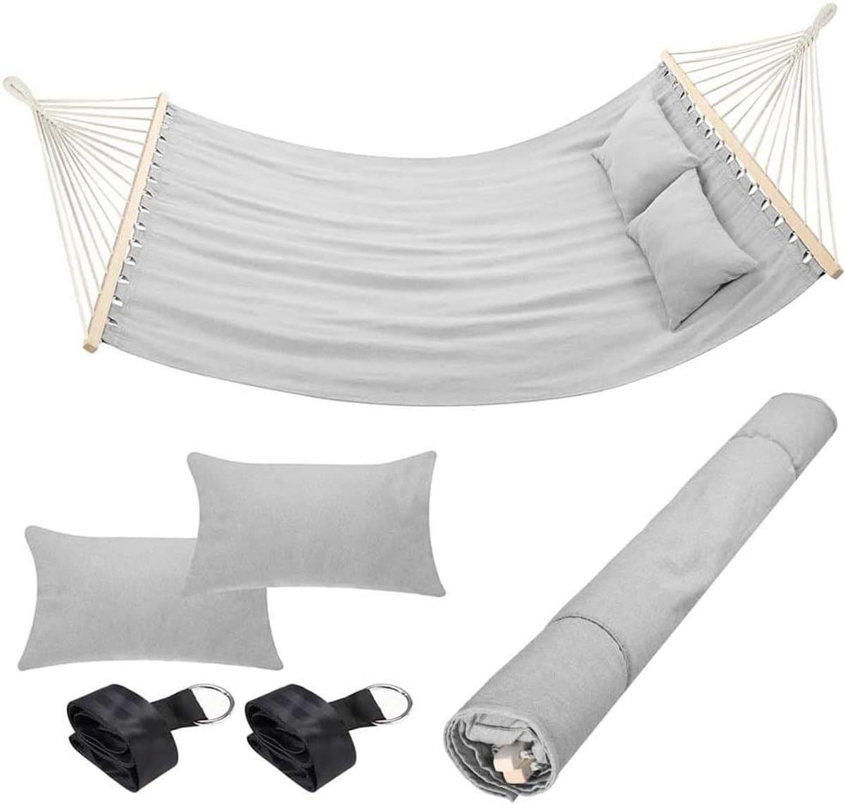 Hangmat Tweepersoons - Tuin Hangmat Katoen - Ontspannen Buiten - Inclusief 2 Kussens - 232 x 148 cm - Lichtgrijs