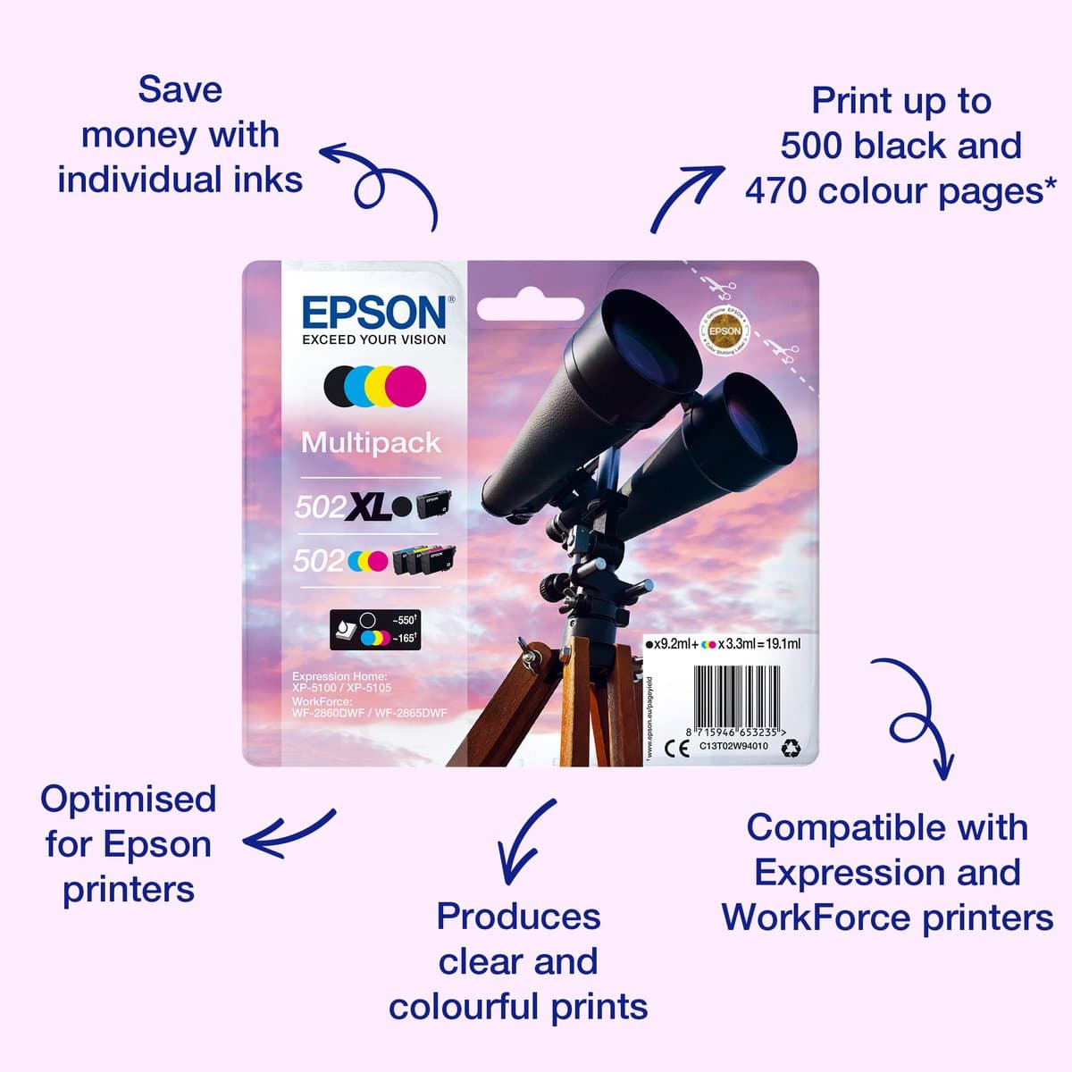 Epson 502 XL inktcartridge, 4 stuks, origineel, hoge (XL) capaciteit, zwart, blauw, magenta, geel