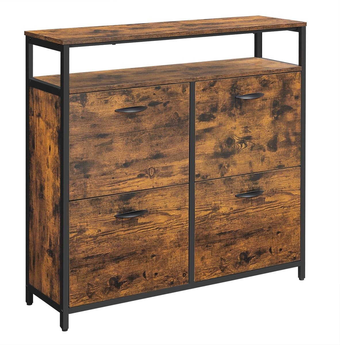 Velmio Schoenenkast - Schoenenrek met 4 kleppen - Voor 12-20 Paar Schoenen - Schoenenrek hout - 98x30x95cm - Bruin/Zwart