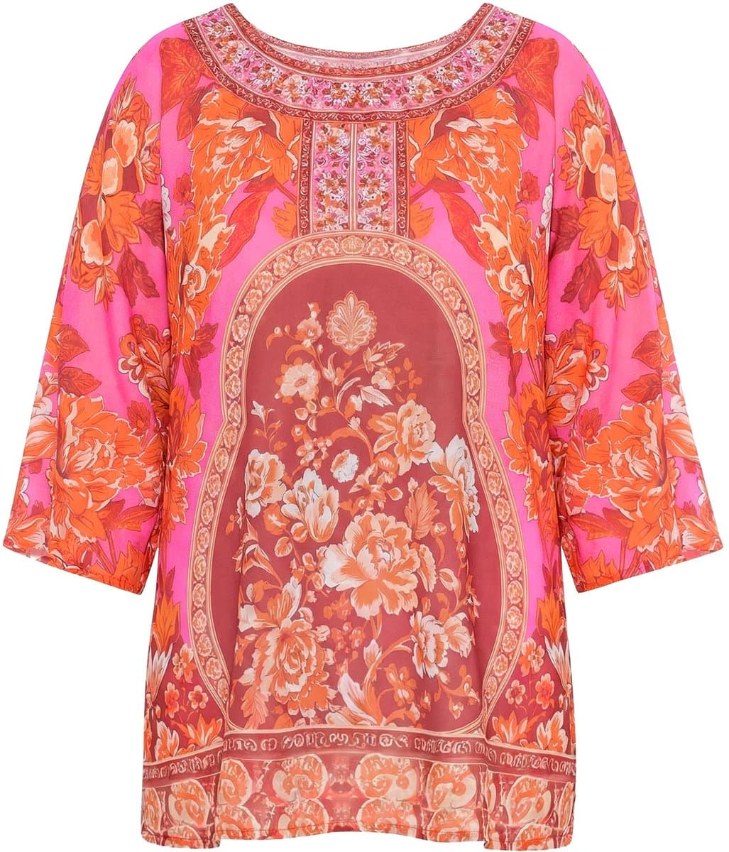 MIAMODA - Dames - overhemdblouse allover patroon met glittersteentjes - Neonrood - Maat 50