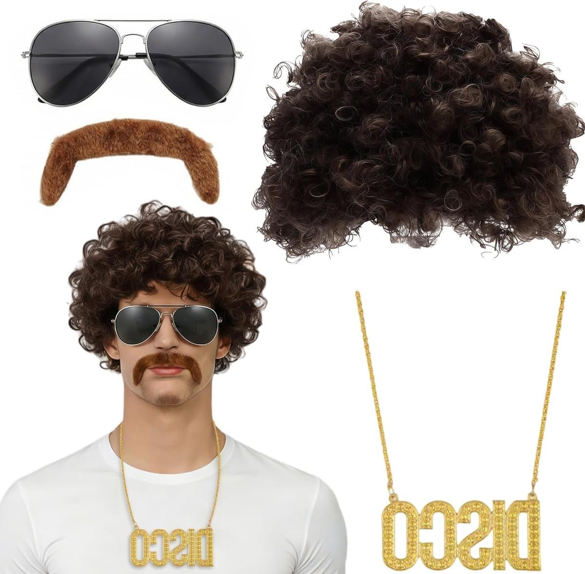 Retro 1980s Disco Kostuum voor Mannen met Perücke, Zonnebril en Disco Ketting voor Carnaval en Feestjes