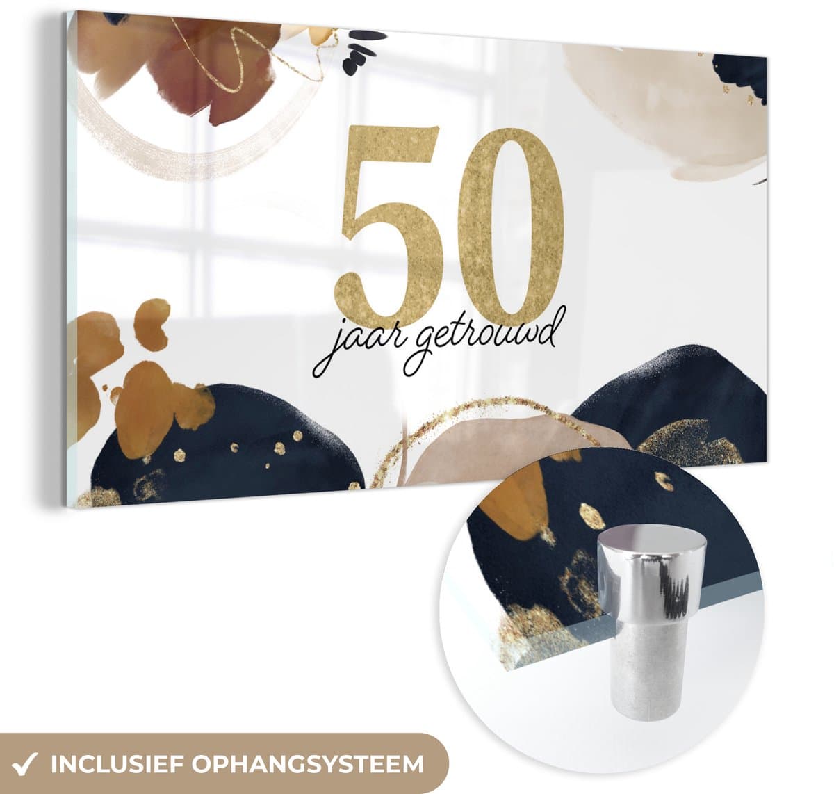 ® Glasschilderij 40x20 cm - Schilderij acrylglas - Trouwen - Spreuken - Quotes - Goud - 50 jaar getrouwd - Foto op glas - Muurdecoratie woonkamer - Wanddecoratie slaapkamer - Schilderijen