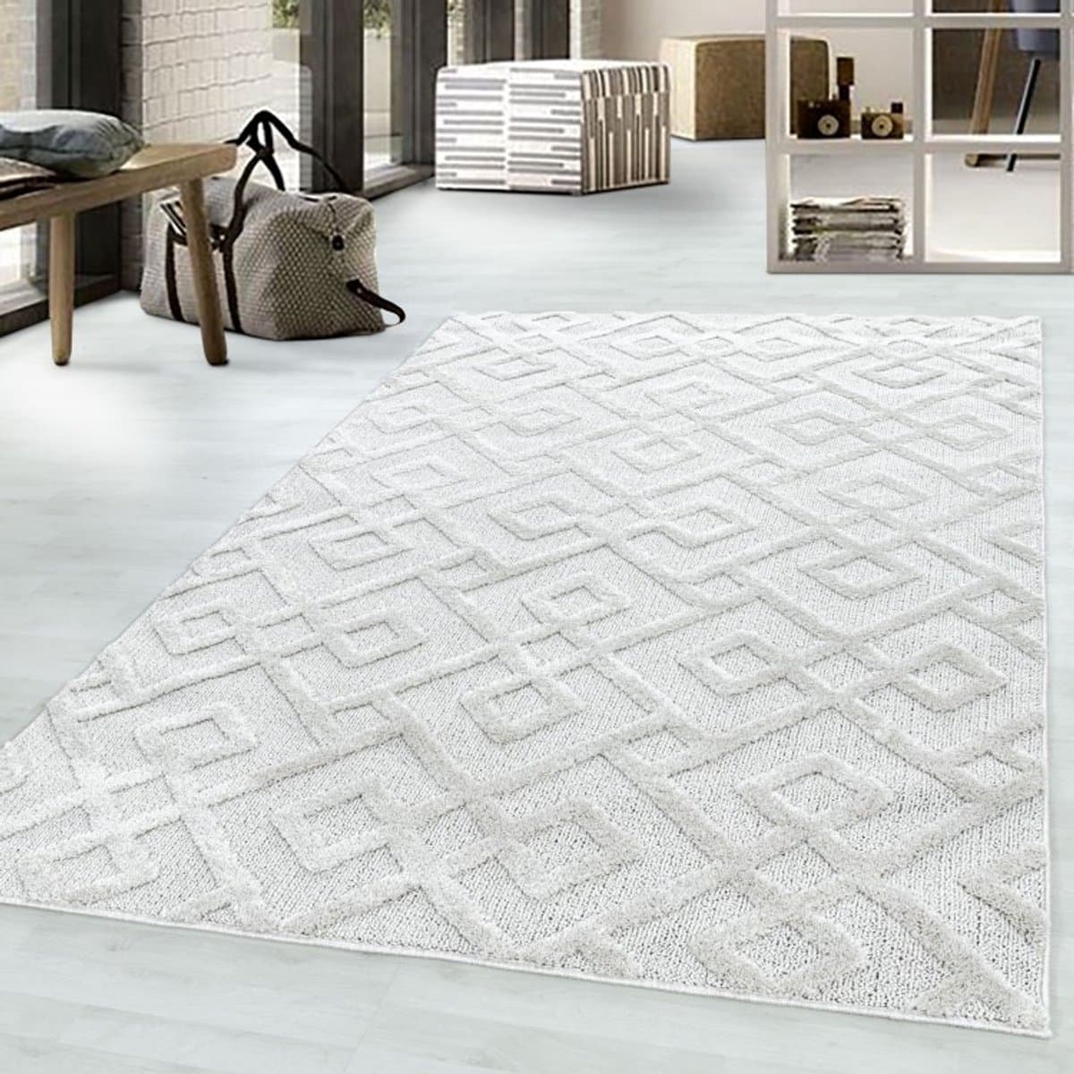 Binnenkleed met geometrisch patroon, crèmekleur, gemaakt van jute, voor de woonkamer, in bohemian stijl 160x230 cm