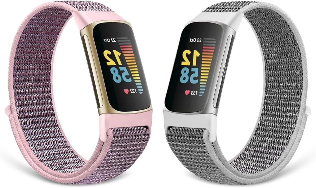 Pack van 2 Nylon Hardlooparmbanden, Verstelbare en Ademend Sportloop Horlogeband voor Fitbit Charge 6/5, Geschikt voor Polsmaat 160-210mm, Grijs en Roze