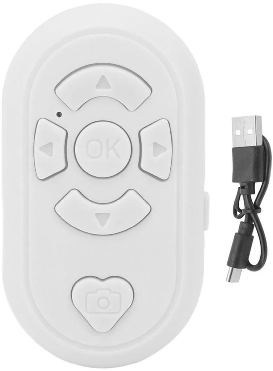 - Bluetooth-afstandsbediening - Paginaomslag - Stabiele verbinding - Wit - Selfie-knop - Handig voor TikTok en camera's - Compact en lichtg...