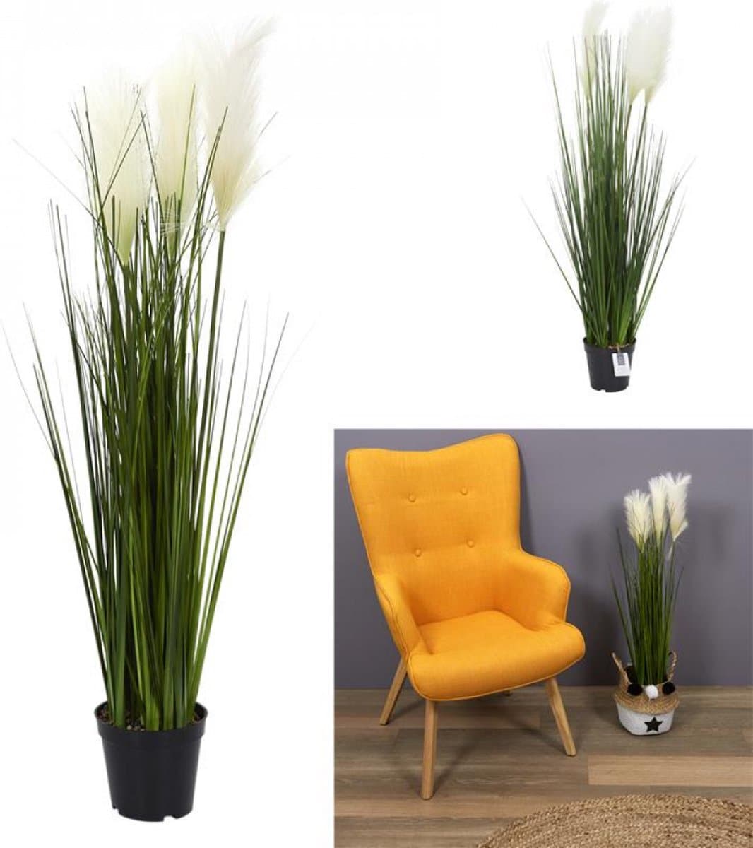 kunstgras en pampa - Hoogte 90cm -Groen/bruine riet gras/pluimgras - Siergras in zwarte plastic pot - Kunstplanten/nepplanten