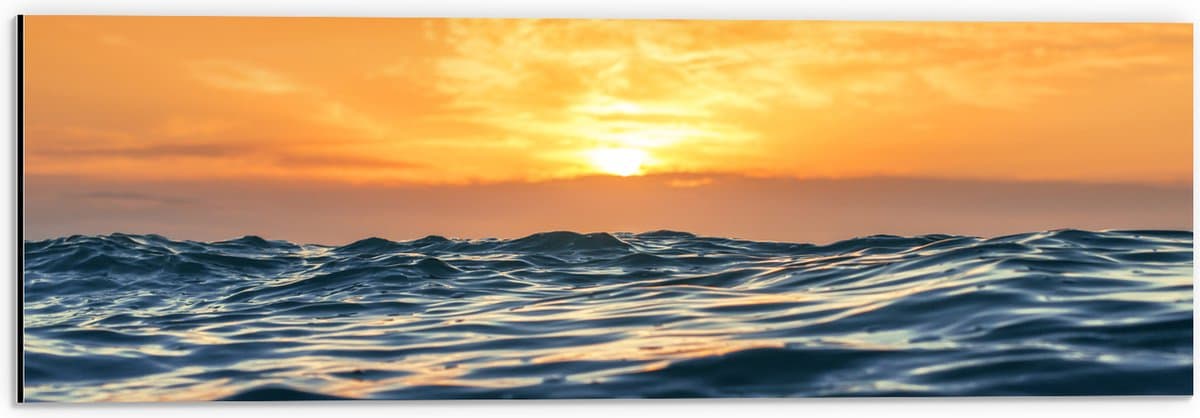 Dibond - Golvende Golven bij Zonsondergang - 60x20 cm Foto op Aluminium (Met Ophangsysteem)