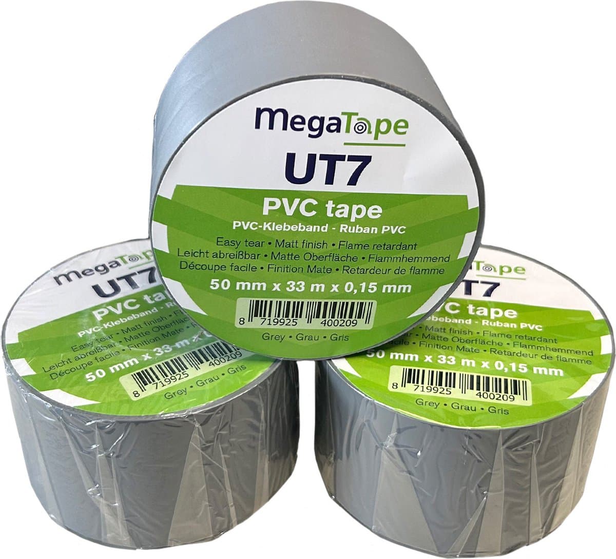 Megatape - UT7 PVC isolatietape - 50mm x 33mtr - Grijs - 15my dik - 3 Rollen - (021.0733)