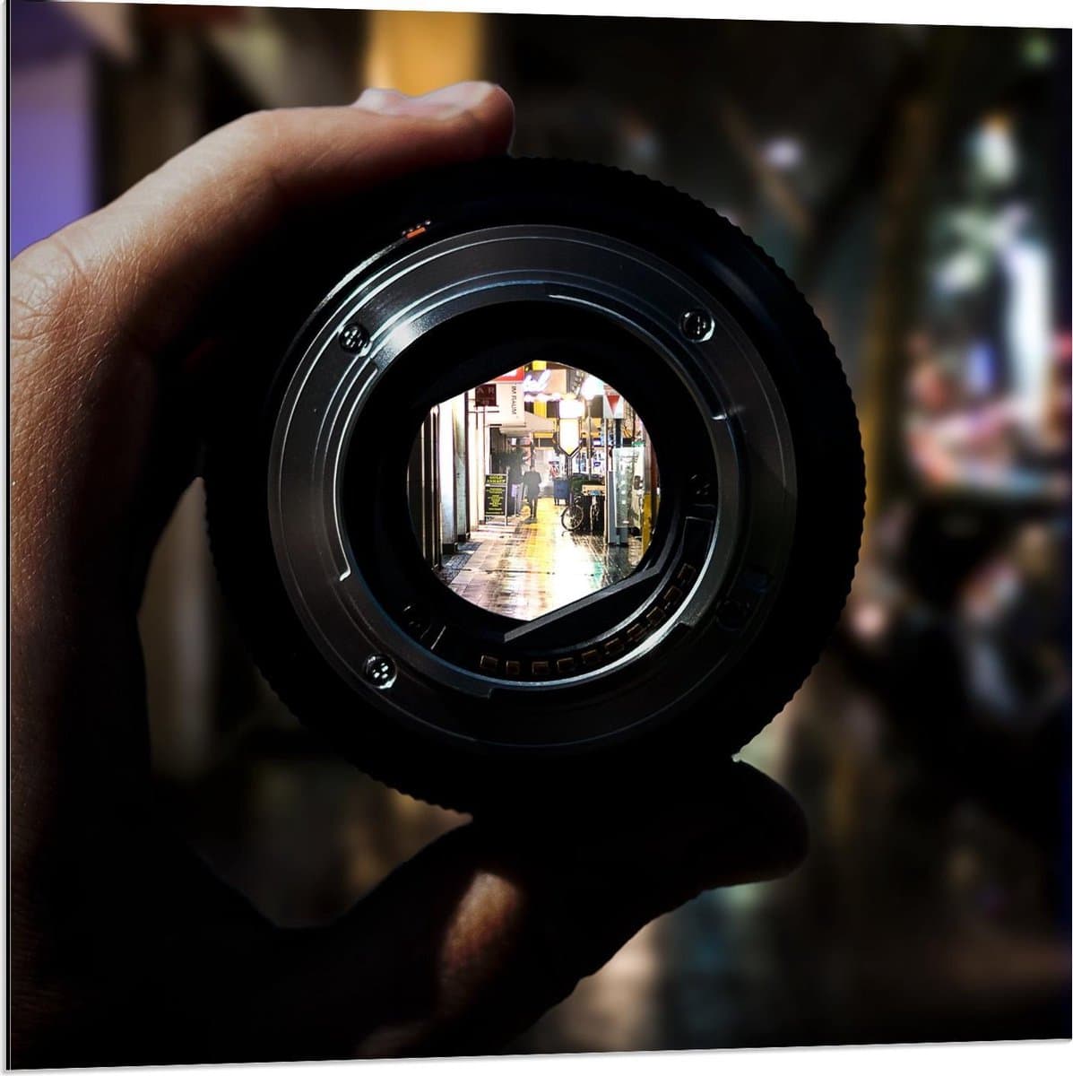 Dibond - Lens van Camera in de Stad - 80x80cm Foto op Aluminium (Met Ophangsysteem)