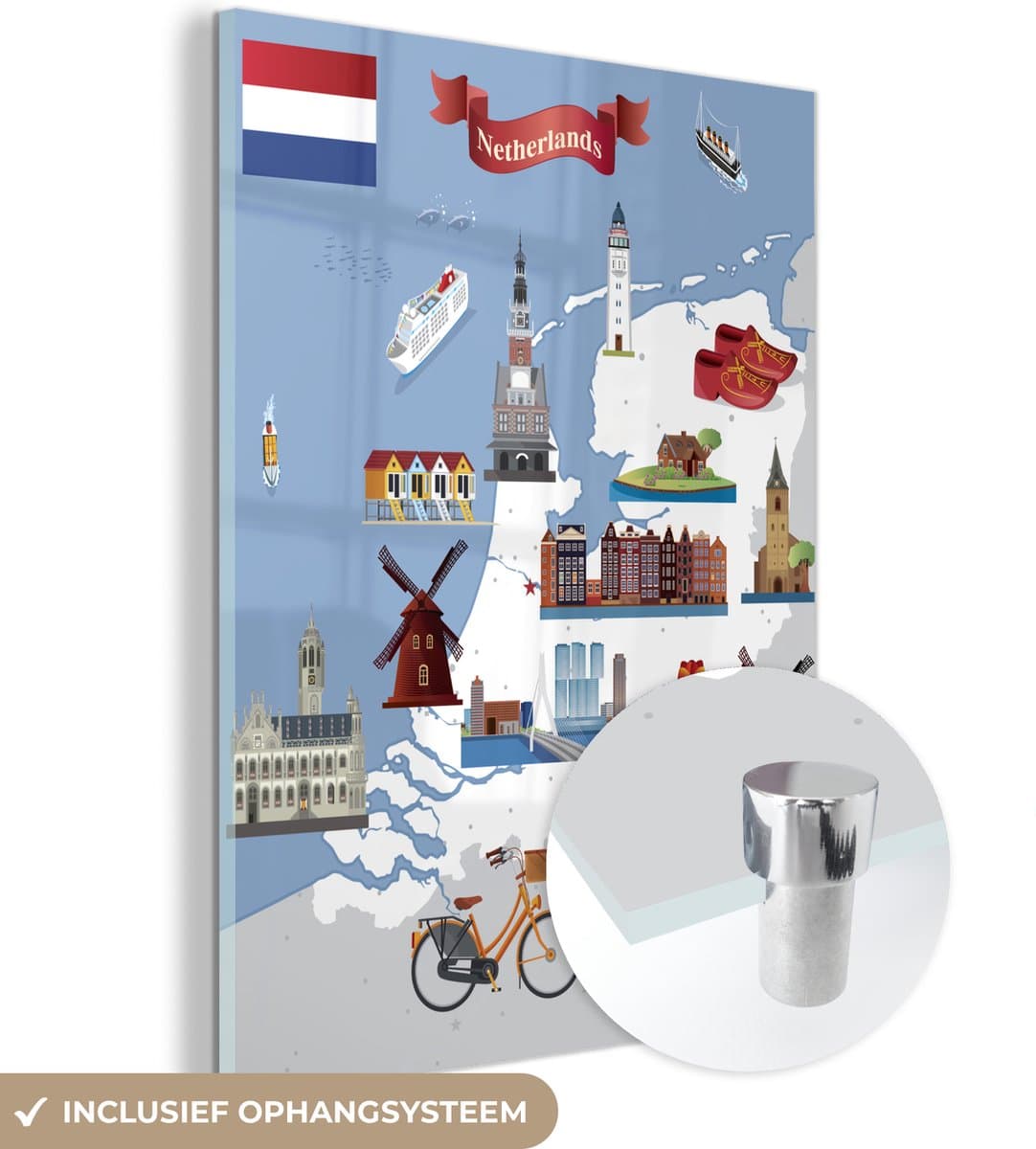 ® Glasschilderij 30x40 cm - Schilderij acrylglas - Illustratie van een cartoonachtige kaart van Nederland - Foto op glas - Muurdecoratie woonkamer - Wanddecoratie slaapkamer - Schilderijen