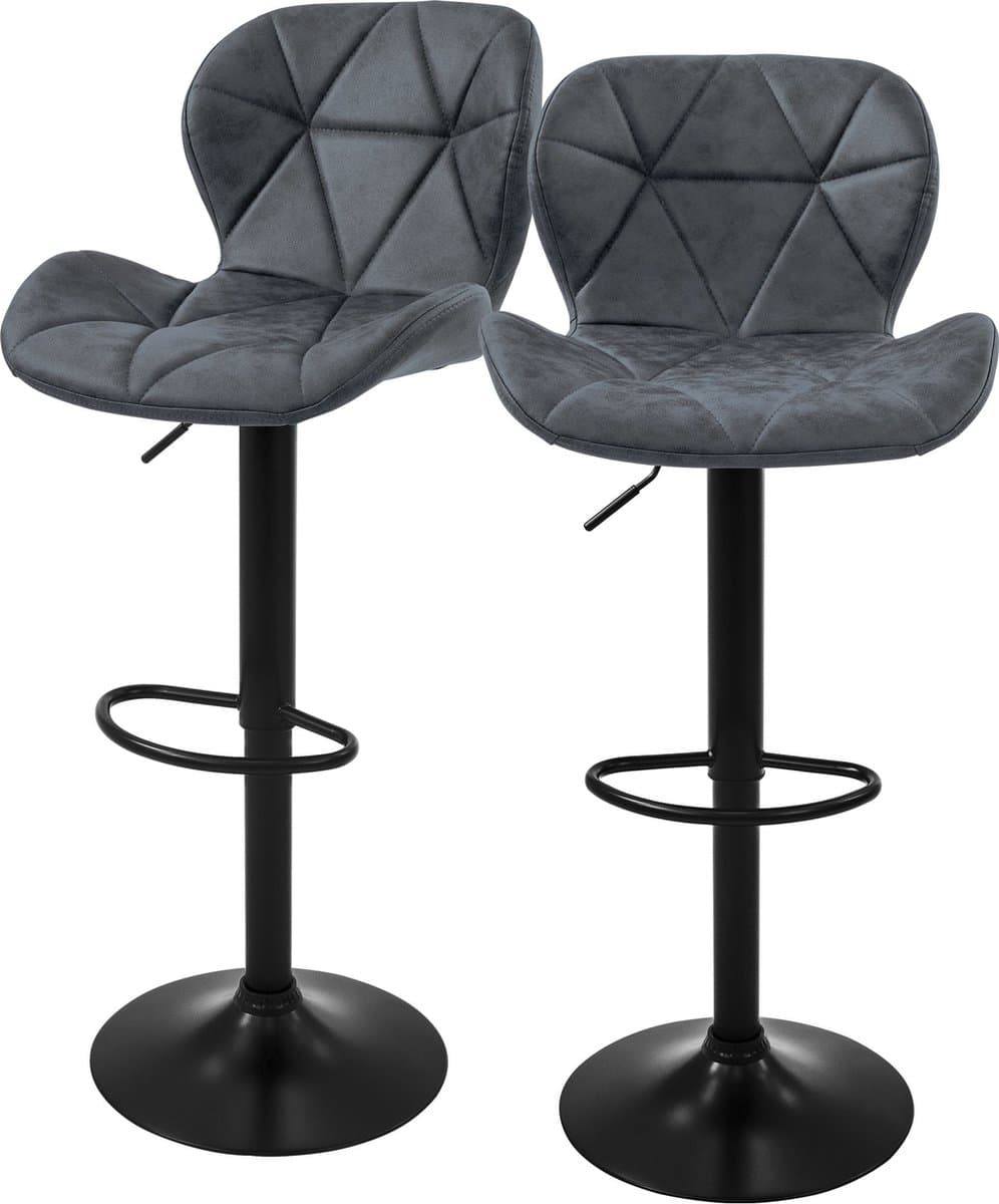 Barkruk set van 2 antraciet kunstlederen bekleding met rugleuning en voetensteun in hoogte verstelbaar 59-79cm ML-Design