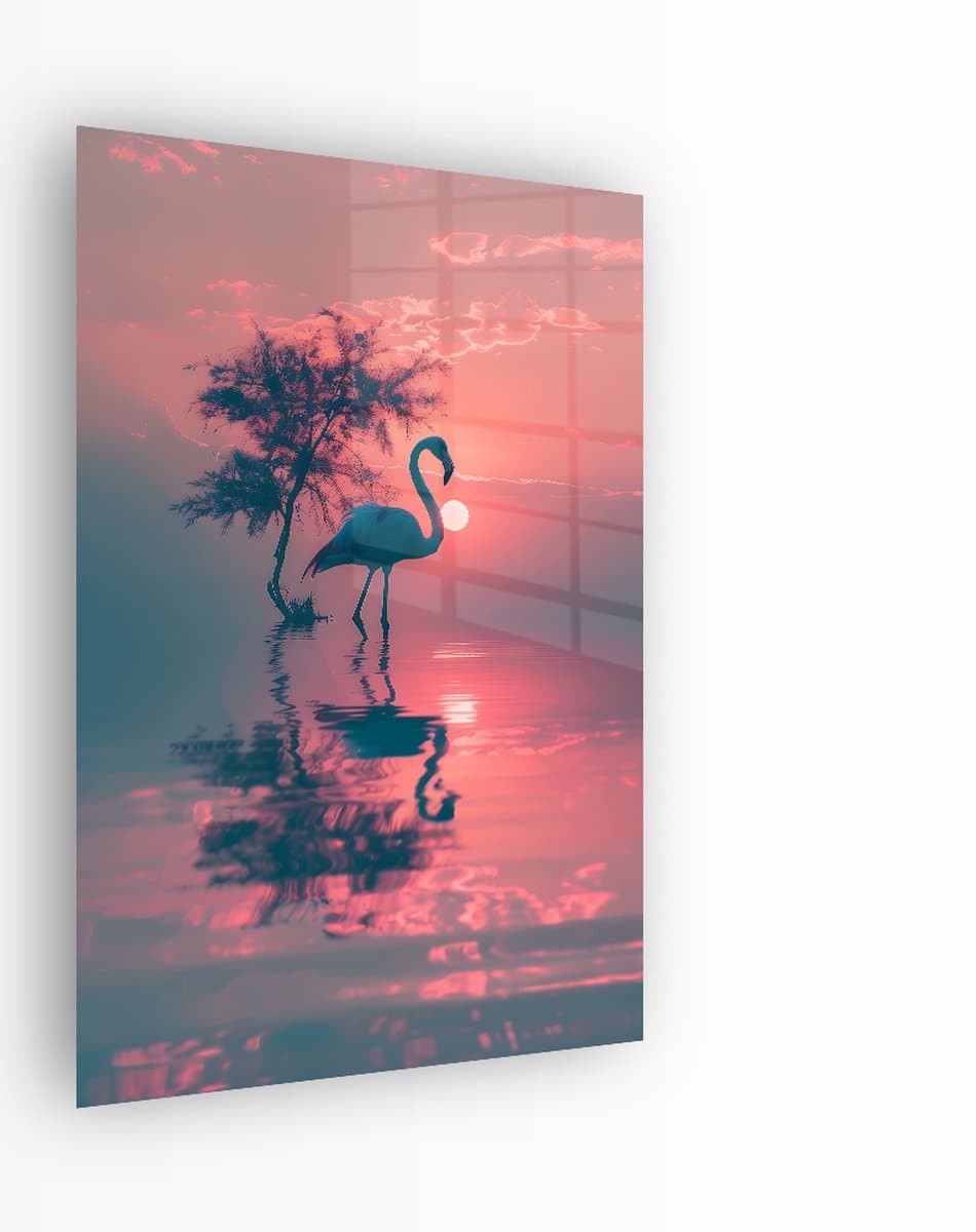 Indoorart - Glasschilderij Flamingo Weerspiegeling 80x120 CM - Afbeelding op plexiglas - Inclusief montagemateriaal