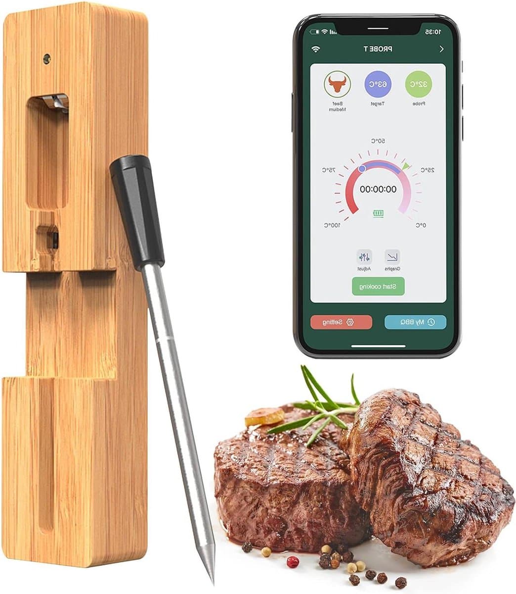 Vleesthermometer draadloos 60 m bluetooth waterdicht via app wifi-vleesthermometer - perfect voor oven grill keuken BBQ rookoven draaispit