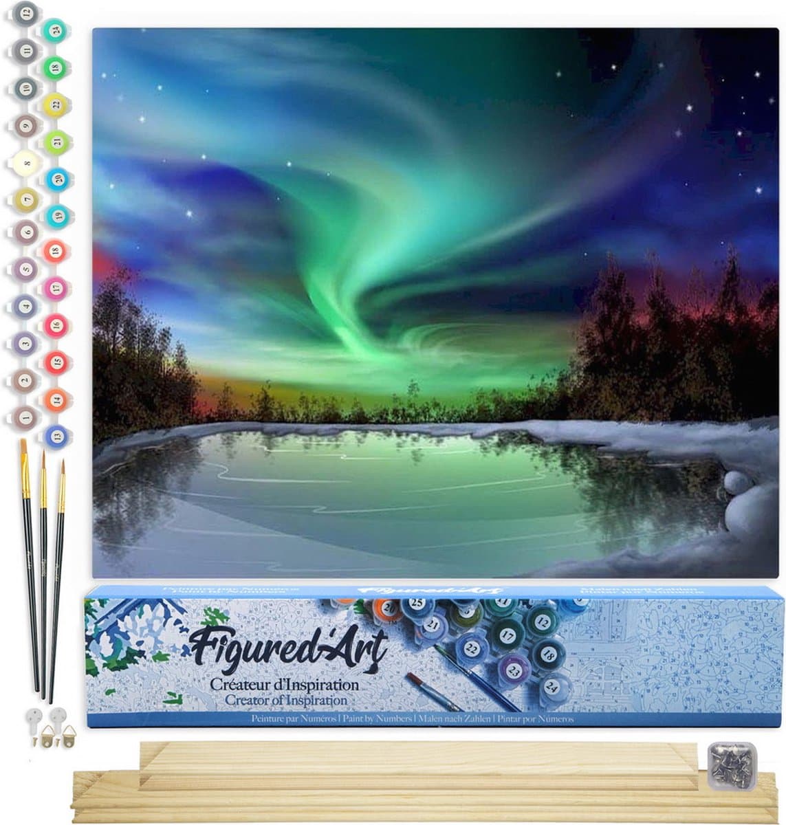 Figured'Art Schilderen op Nummer Volwassenen canvas Aurora borealis en meer - Handwerk acrylverf Kit DIY Compleet - 40x50cm met DIY houten lijst