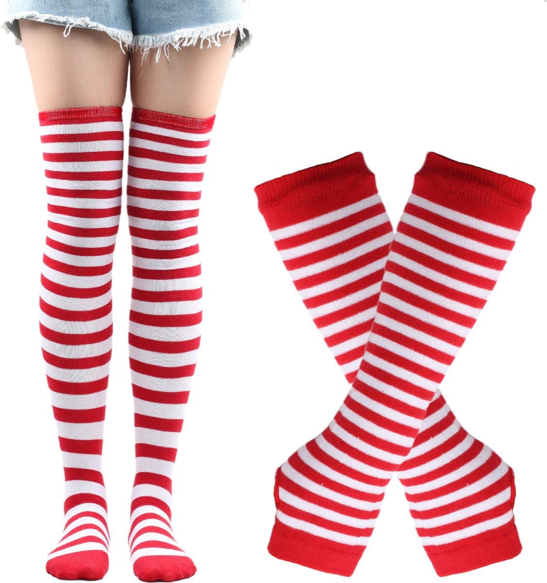 Armwarmers - Damessokken - Gestreepte kniekousen - Armwarmers zonder vingers - Dames lange vingerloze sokken - Handschoenen gebreid - Armwarmers - Duimgat elastische handschoenen (1 set Rood Wit)