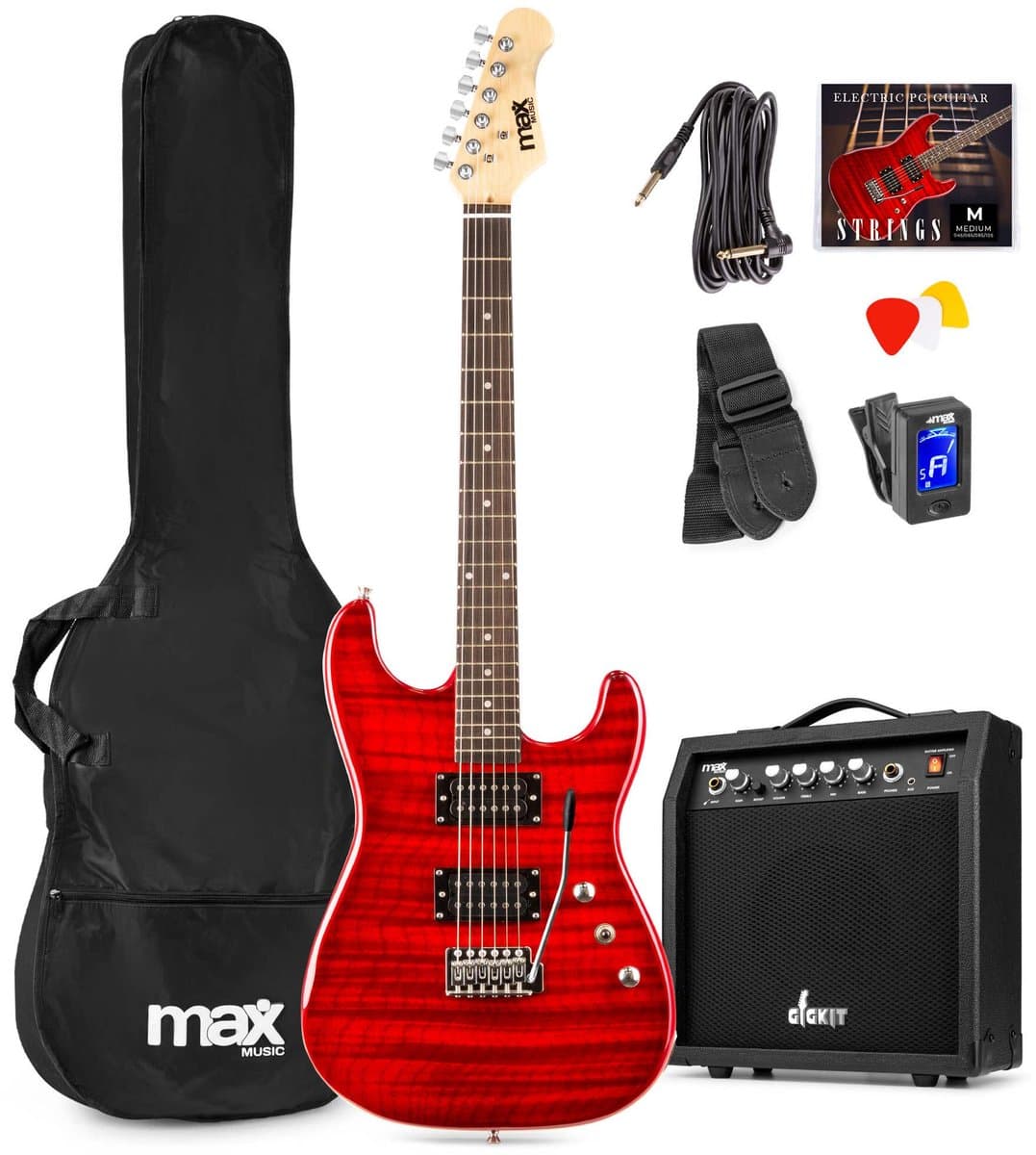 Max GigKit Elektrische gitaar 4/4 - Met 40 Watt versterker en accessoires - Donker Rood