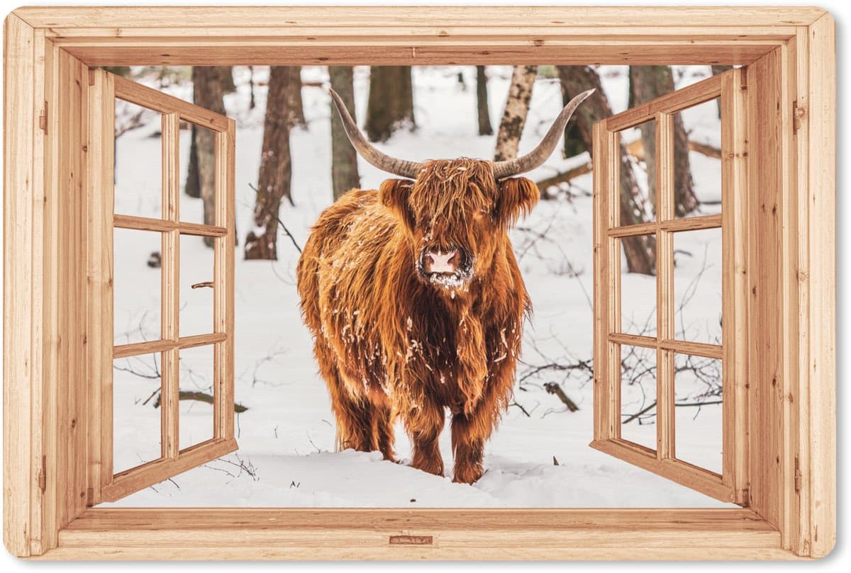 Muismat XXL 120x80 cm - Bureau onderlegger - Bureau mat Schotse Hooglander - Winter - Landschap - Natuur - Dieren - Doorkijk - Bureaumat - Gaming mousepad xl - Bureaulegger groot - Computer deskmat