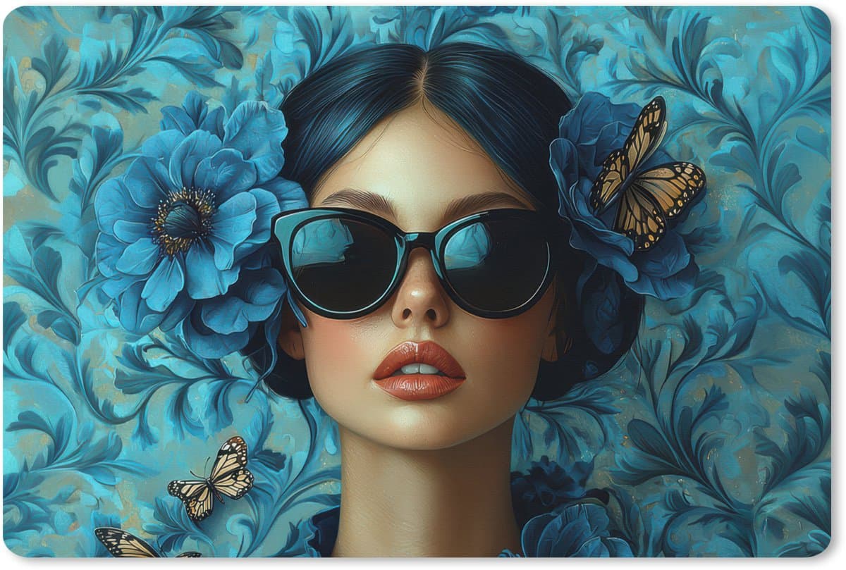 Muismat XXL 90x60 cm - Bureau onderlegger - Bureau mat Vrouw - Bloemen - Vlinders - Blauw - Abstract - Bureaumat - Gaming mousepad xl - Bureaulegger groot - Computer deskmat