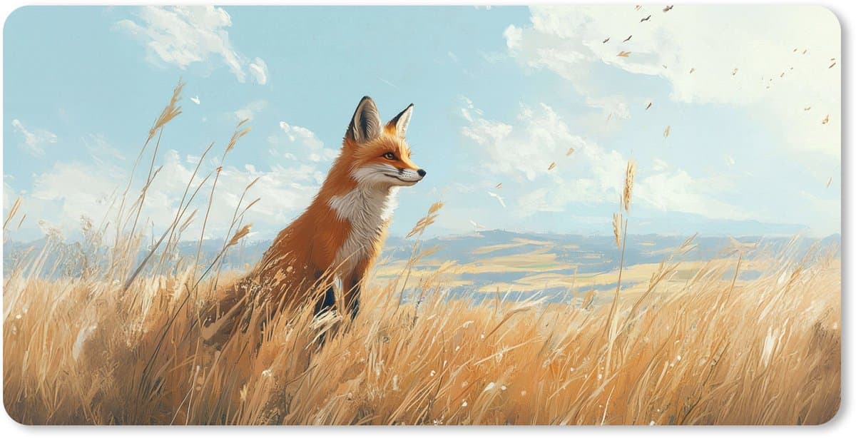 Muismat XXL 90x45 cm - Bureau onderlegger - Bureau mat Vos - Gras - Wolken - Oranje - Bureaumat - Gaming mousepad xl - Bureaulegger groot - Computer deskmat