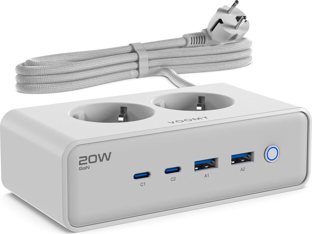 Voomy 20W Stekkerdoos - 2 USB-C & 2 USB-A Poorten - 2 Stopcontacten - Aan / Uit schakelaar - Snellader voor Laptop, Telefoon & Tablet - Oplader, Adapter, Verlengsnoer - Wit