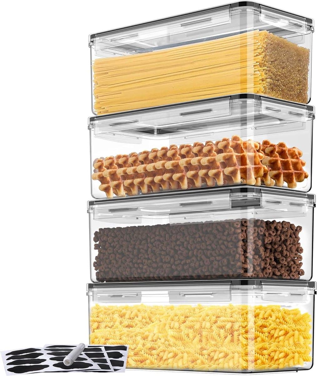 Diepvriesdozen - Luchtdicht - Set van 4 - 32 liter - Voorraaddozen met deksel - Krijtmarker - Etiketten - BPA-vrij - Plastic opbergdoos - Keuken - Spaghetti - Pasta - Muesli - Cornflakes diepvriesdozen