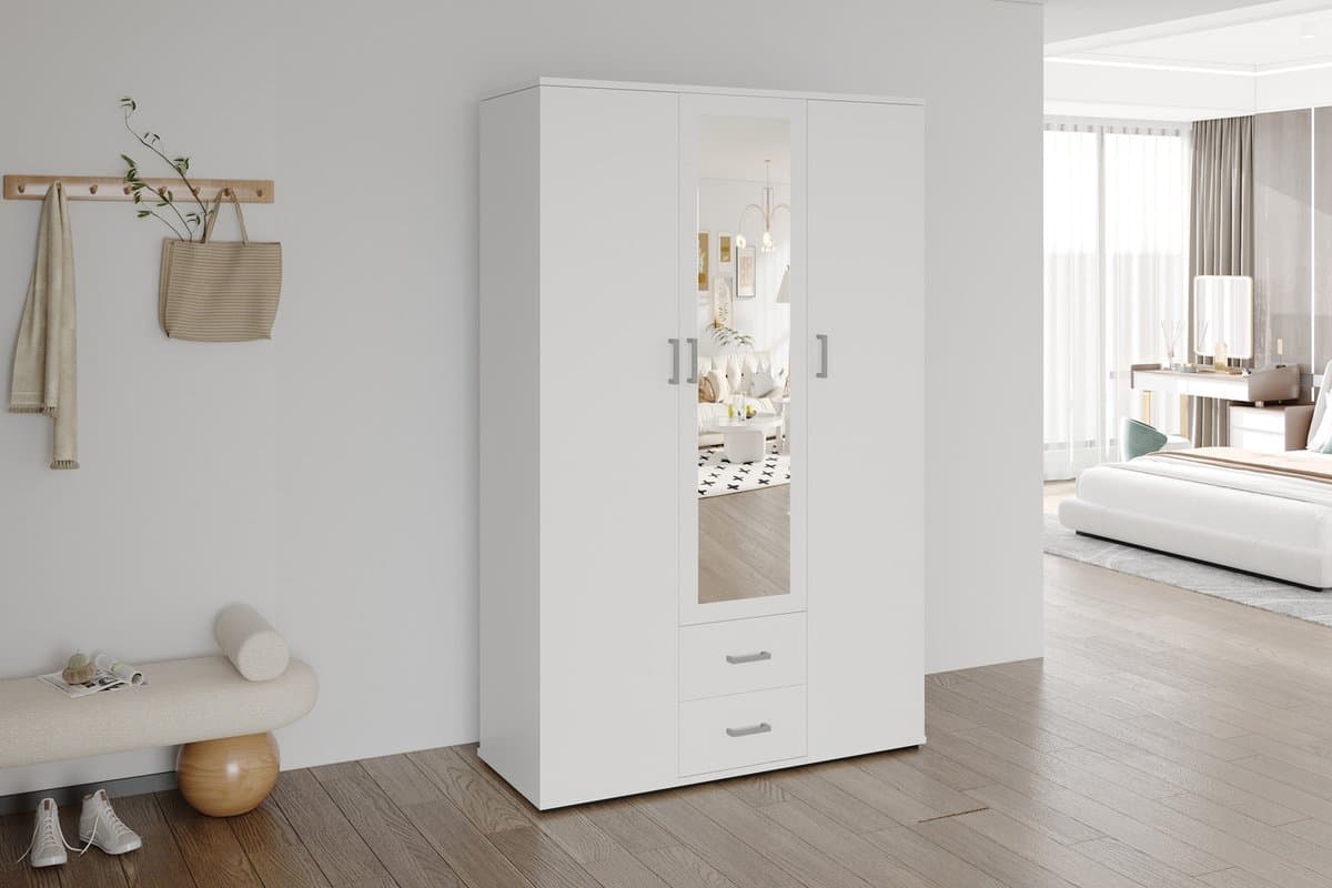 kledingkast 3 deurs met speigel- 3deurs kleerkast wit- kledingkast 120cm wit met spiegel-