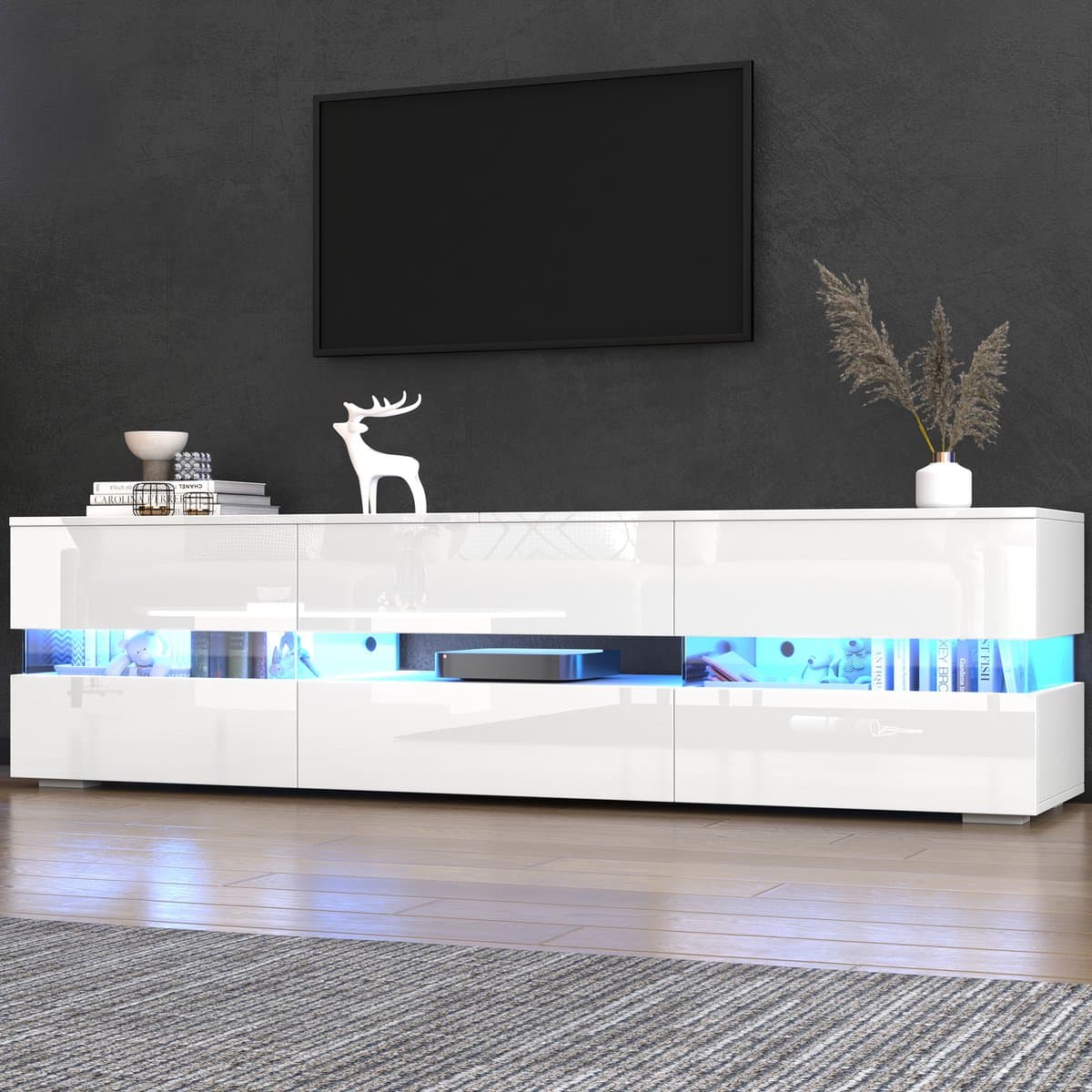 FloraGrace Tv Meubel - Hoogglans Front Met Led Verlichting - Met 2 Deuren En Lade Voor Woonkamer - Spaanplaat Wit - 160x39x45 Cm