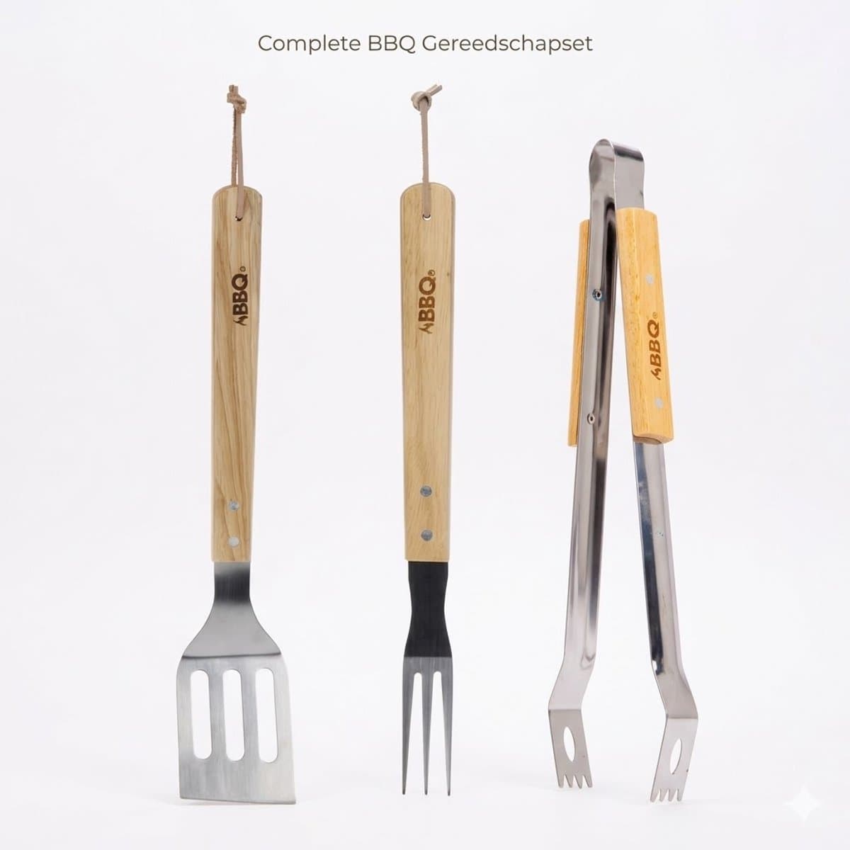 BBQ Gereedschapsset - 3-Delig - Barbecue Accessoires met Houten Handvat - RVS - Inclusief Tang, Vork en Spatel