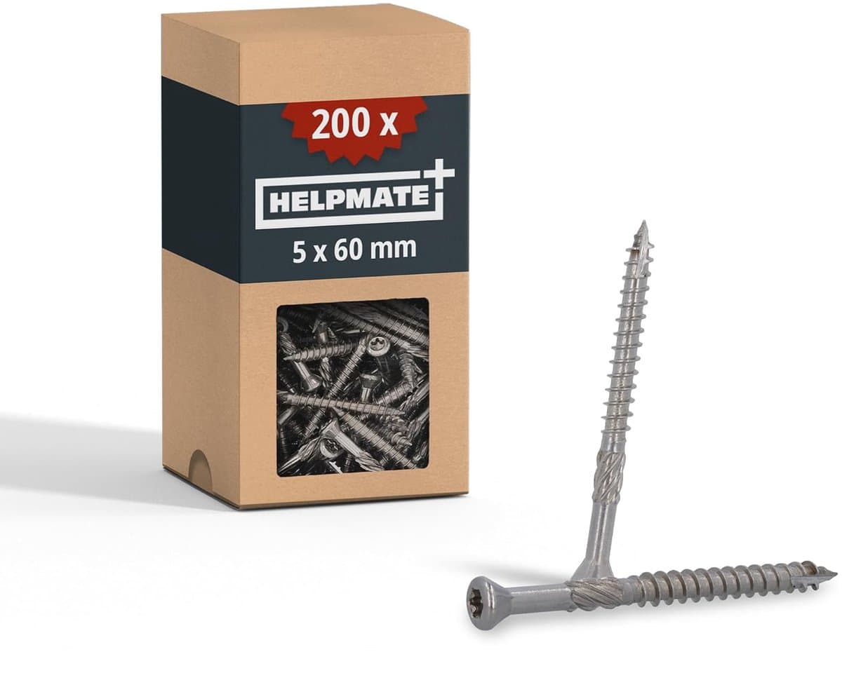 HELPMATE – Terrasschroeven 5x60 roestvrij staal A2 – 200 stuks plankenschroeven + 1 T25 bit – Terrasschroeven voor buitengebruik (terrasbouw, tuinhuisjes, houtconstructies enz.)