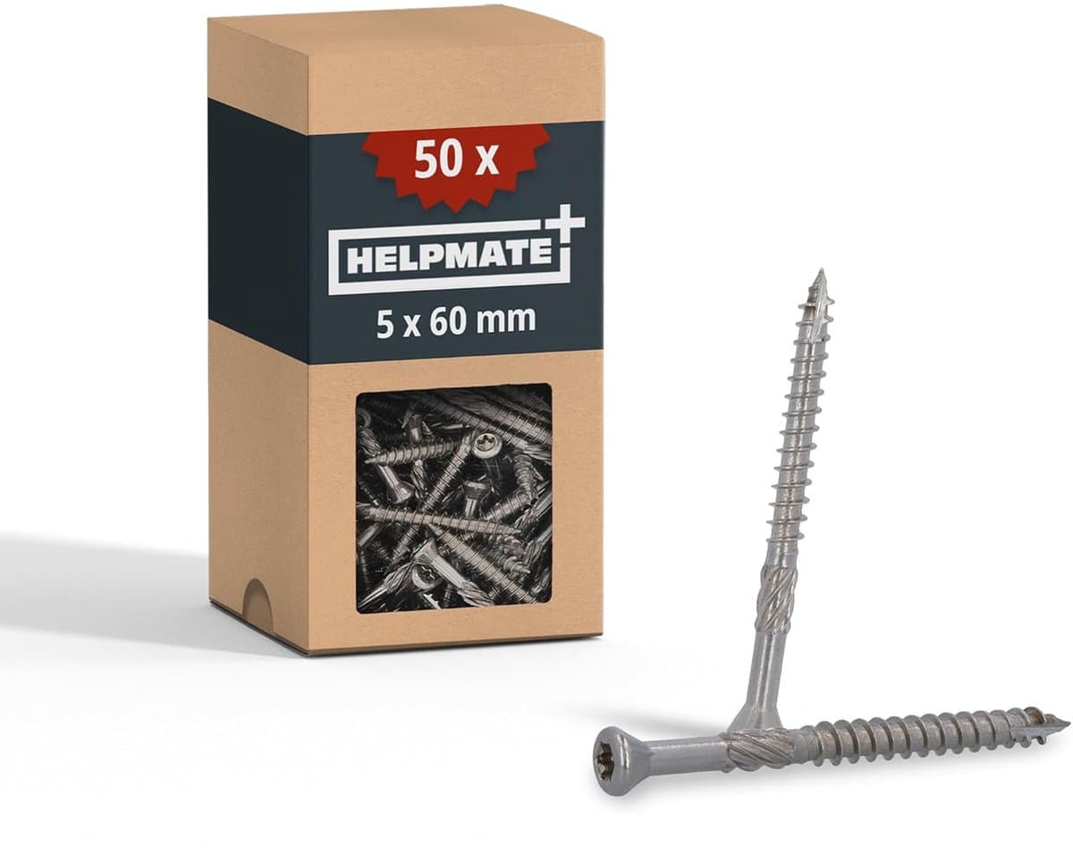 HELPMATE – Terrasschroeven 5x60 roestvrij staal A2 – 50 stuks plankenschroeven + 1 T25 bit – Terrasschroeven voor buitengebruik (terrasbouw, tuinhuisjes, houtconstructies enz.)