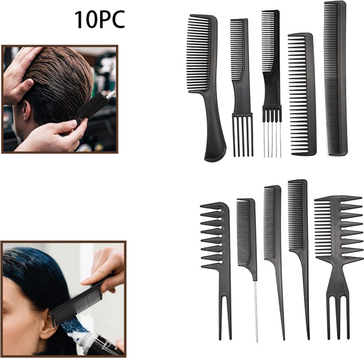 10 Delige - Kammen - Texturizing Kam - Barbier Kam - Kapperskam - Hoofdkam - Stylingkam - Professionele kapperskam - Hoogwaardige haarborstel - Geschikt voor alle haartypes en -stijlen - Zwart