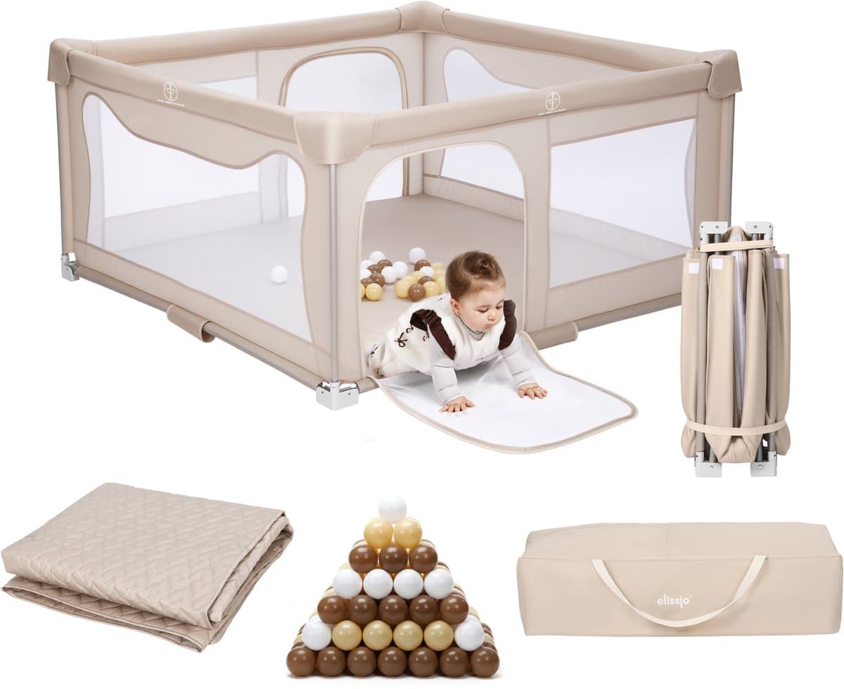Elissio® - Grondbox Baby - Inklapbare Speelbox met Taupe Speelmat & 50 Ballen - Kruipbox - Kinderbox - Playpen Baby - 150x150x76.5 CM - Beige