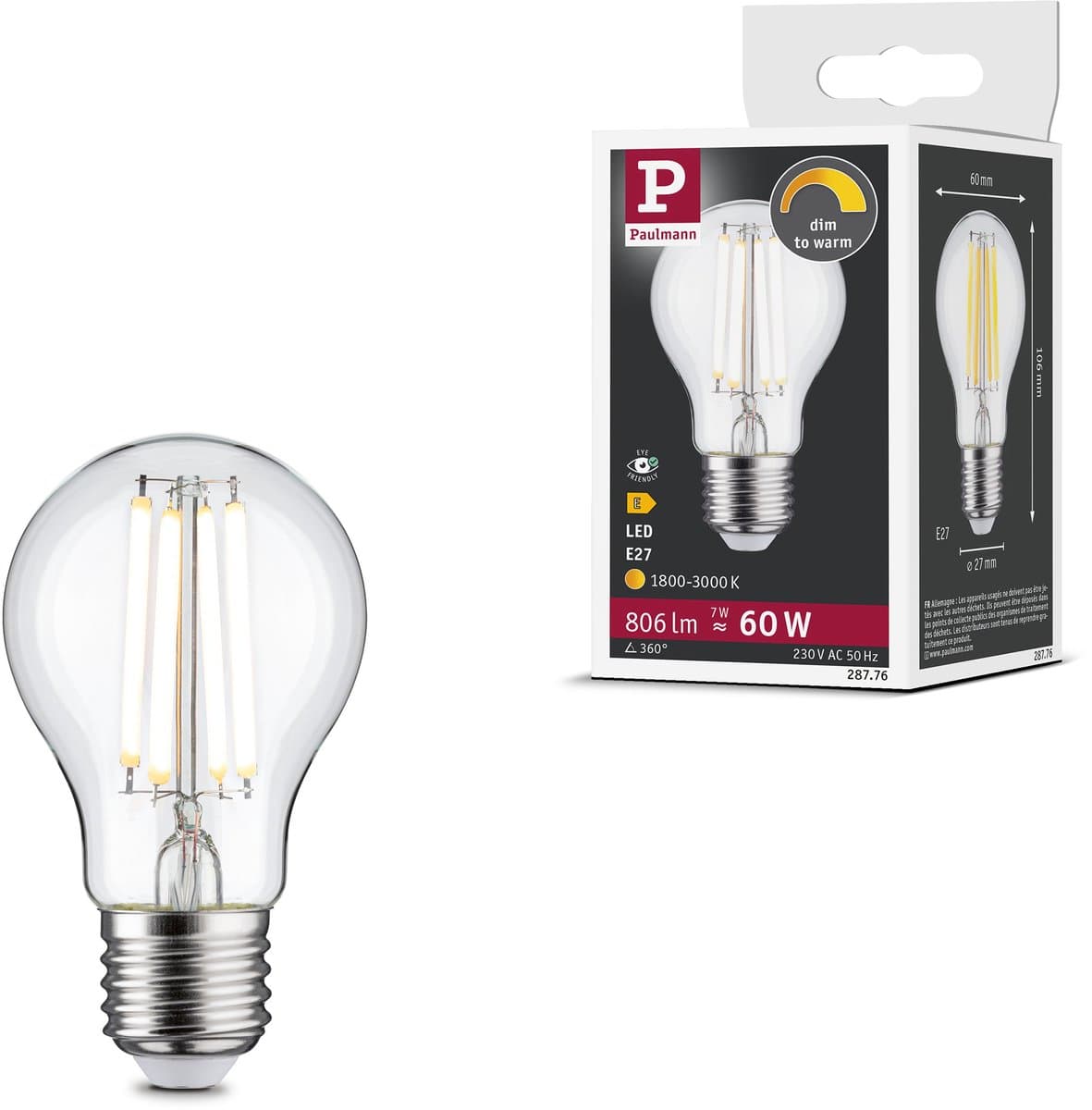 Filament 230 V LED-gloeilamp E27 806lm 7W Dim to warm dimbaar Helder