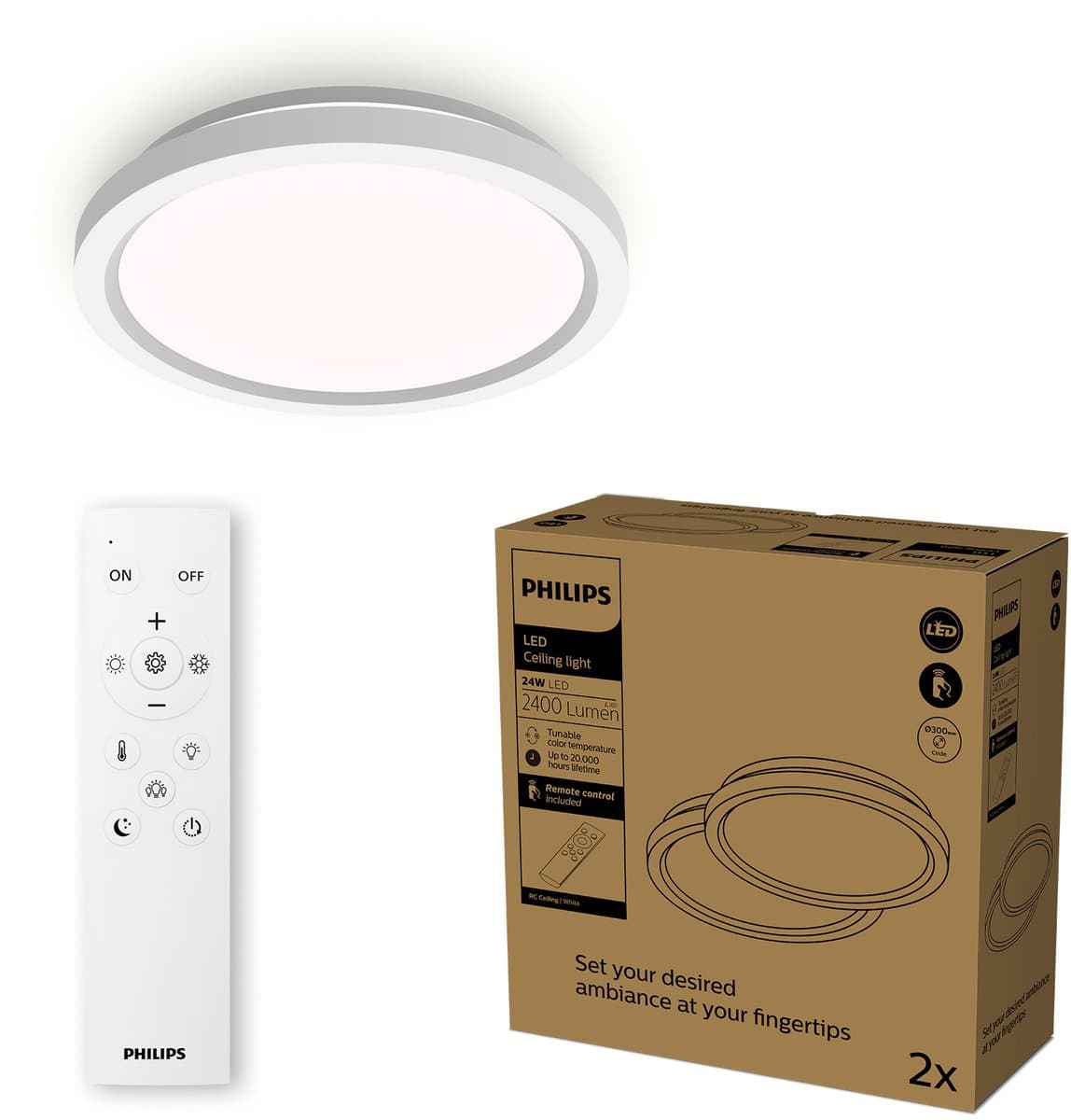 Philips All-In-One Plafondlamp - 2-Pack - Met Afstandsbediening - 24W - LED-verlichting - Warm- tot Koelwit licht; 2700K tot 6500K - 30 cm - Wit - Rond