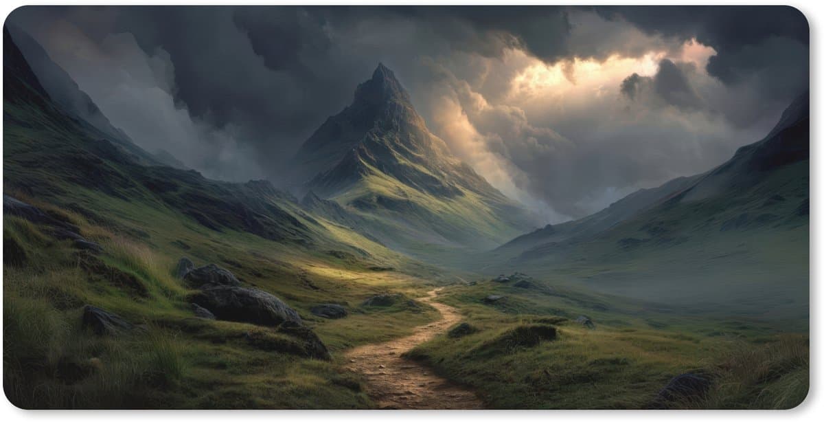Muismat XXL 120x60 cm - Bureau onderlegger - Bureau mat Bergen - Kronkelpad - Groen - Wolken - Bureaumat - Gaming mousepad xl - Bureaulegger groot - Computer deskmat