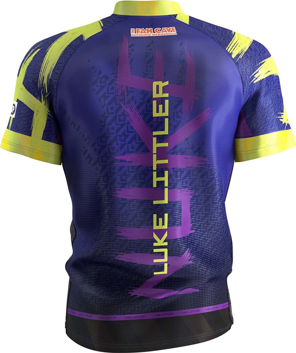 Target Darts Luke Littler Officieel Dartshirt 2026 The Nuke Volwassenen Maat L - Polymesh Microvezel Stof - Kraagloze Dartkleding met Ventilatiesysteem - Paars Navy Geel Design