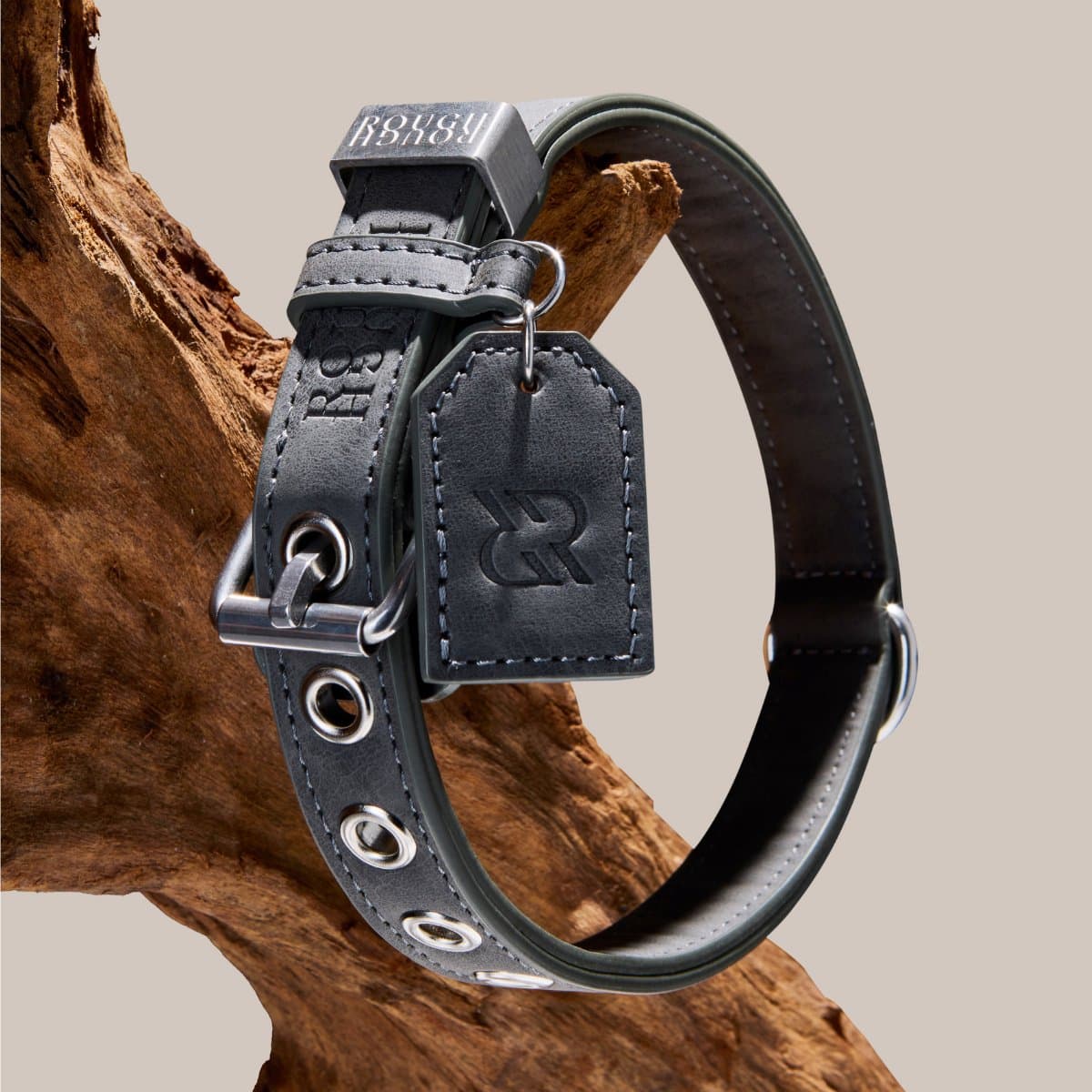 Rough Rough Leren Hondenhalsband - Comfortabele Halsband voor Kleine Hond - Leer (vegan) - Grijs maat M