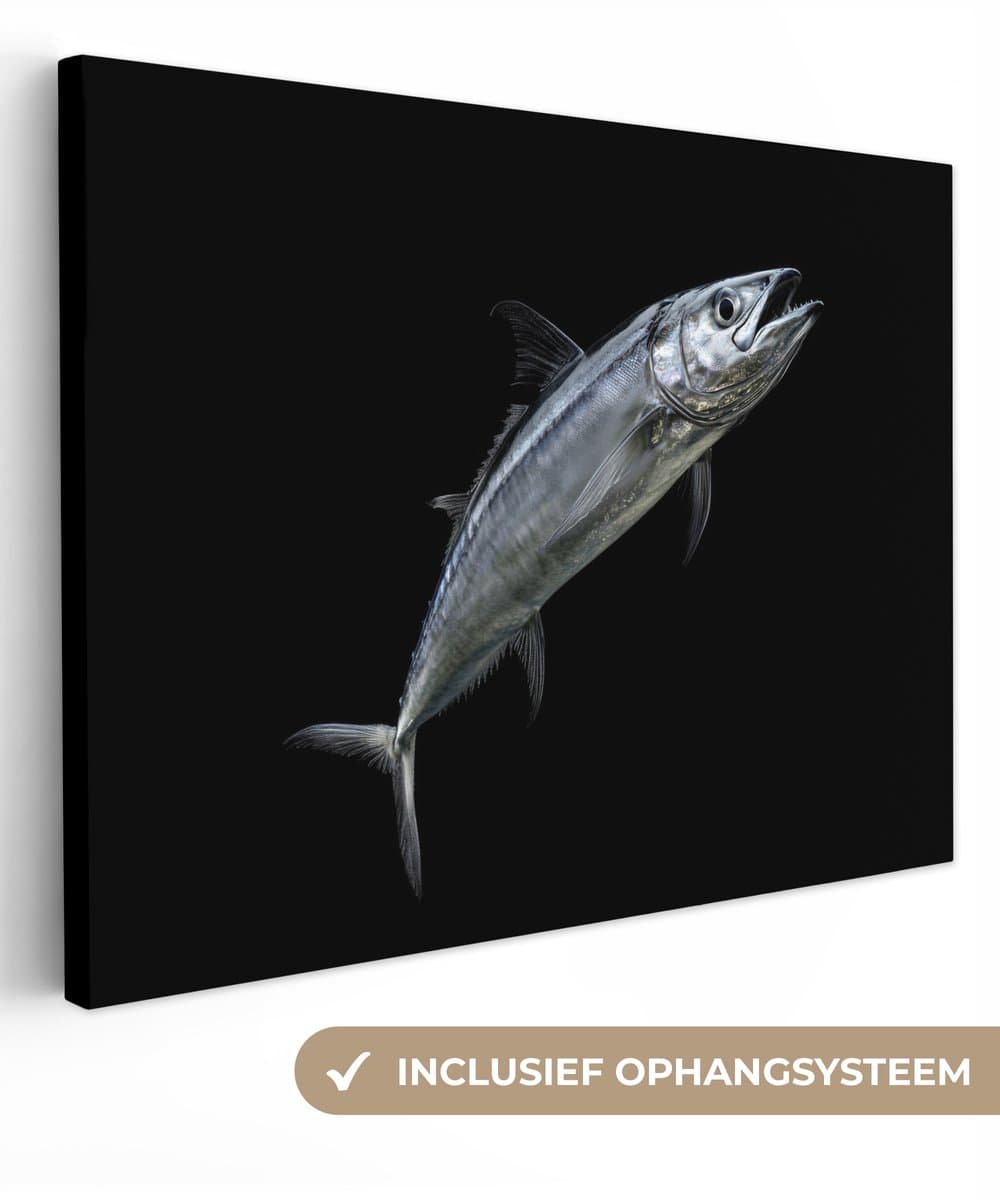 Canvas schilderij 120x90 cm - Exclusieve wanddecoratie Makreel - Vis - Zwart - Muurdecoratie woonkamer - Slaapkamer decoratie - Kamer accessoires - Schilderijen op canvas