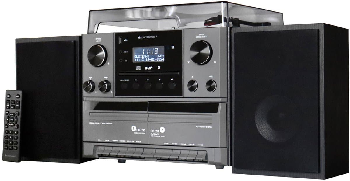 Soundmaster MCD5600SW - muziekcenter met platenspeler, bluetooth, CD, dubbel Cassette deck, encoding USB en DAB+, zwart