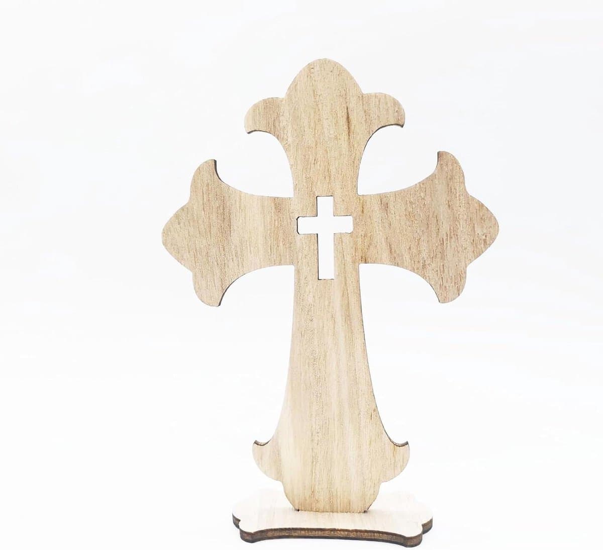 Allecto Plus - Houten Kruis Staand Kruis met Voet Houtkleur - Tafeldecoratie Kamerdecoratie Ambachtelijke Decoratie