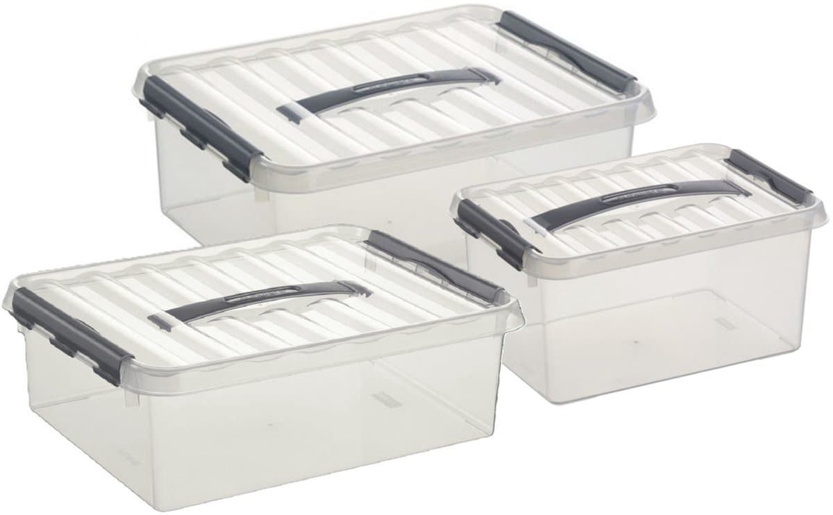Sunware Q-Line opberg boxen set - 3 maten - 6-10-12 liter - kunststof - transparant/grijs