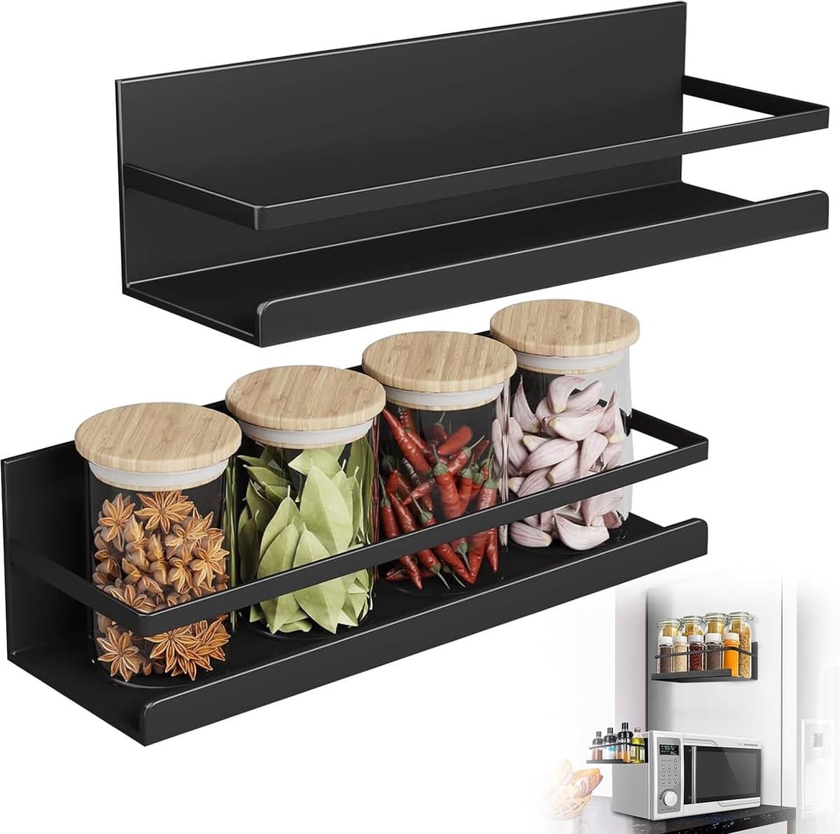 Magnetische Plank voor Koelkast Plank Magnetische Koelkast Organisator Kruidenrek Gemaakt van Metaal Koelkastmagneet Kruidenrek voor Kruiden Glazen Fles Dranken (Pak van 2, Zwart)