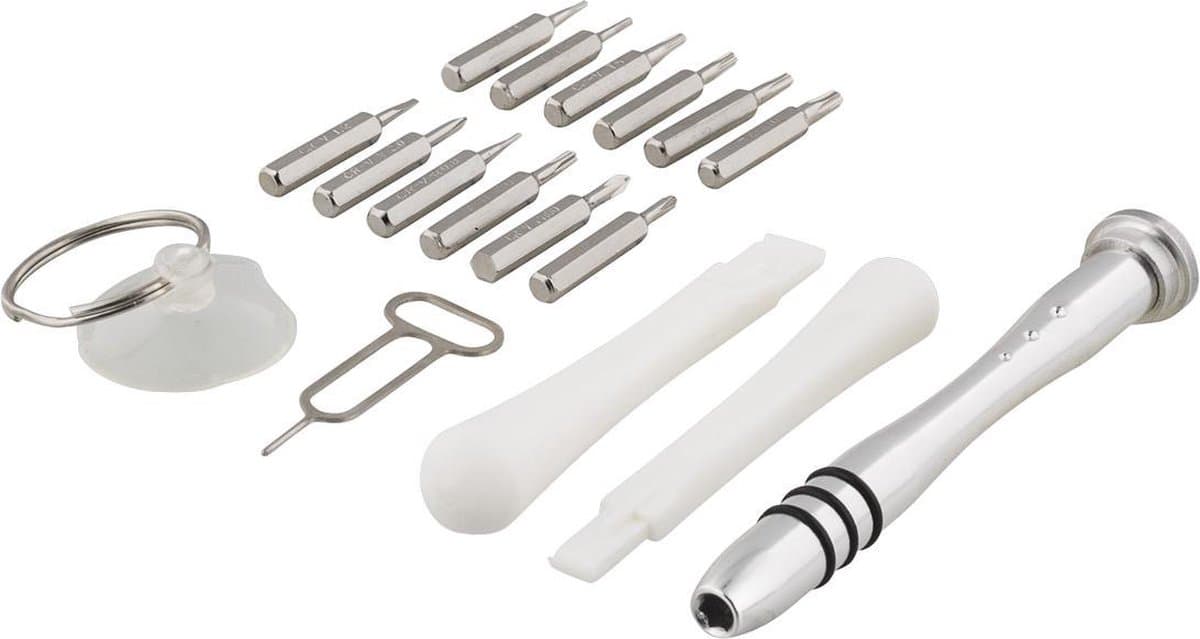 DELTACO VK-50 Smartphone reparatie gereedschap set, lichtmetalen schroevendraaier, zuignap, 17-delig, zwart