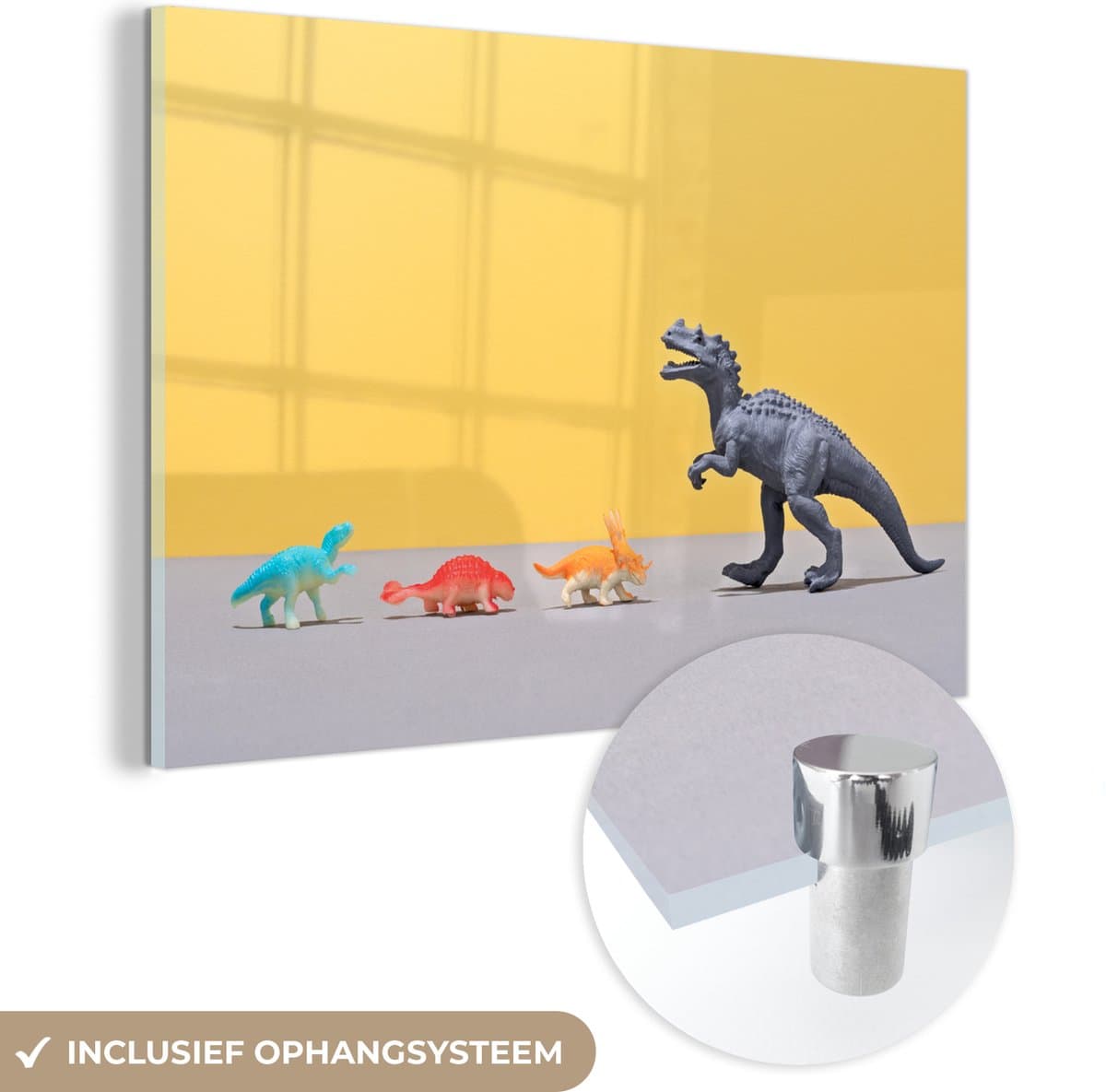 ® Glasschilderij 60x40 cm - Schilderij acrylglas - Dinosaurus speelgoed - Regenboog - Geel - Foto op glas - Muurdecoratie woonkamer - Wanddecoratie slaapkamer - Schilderijen