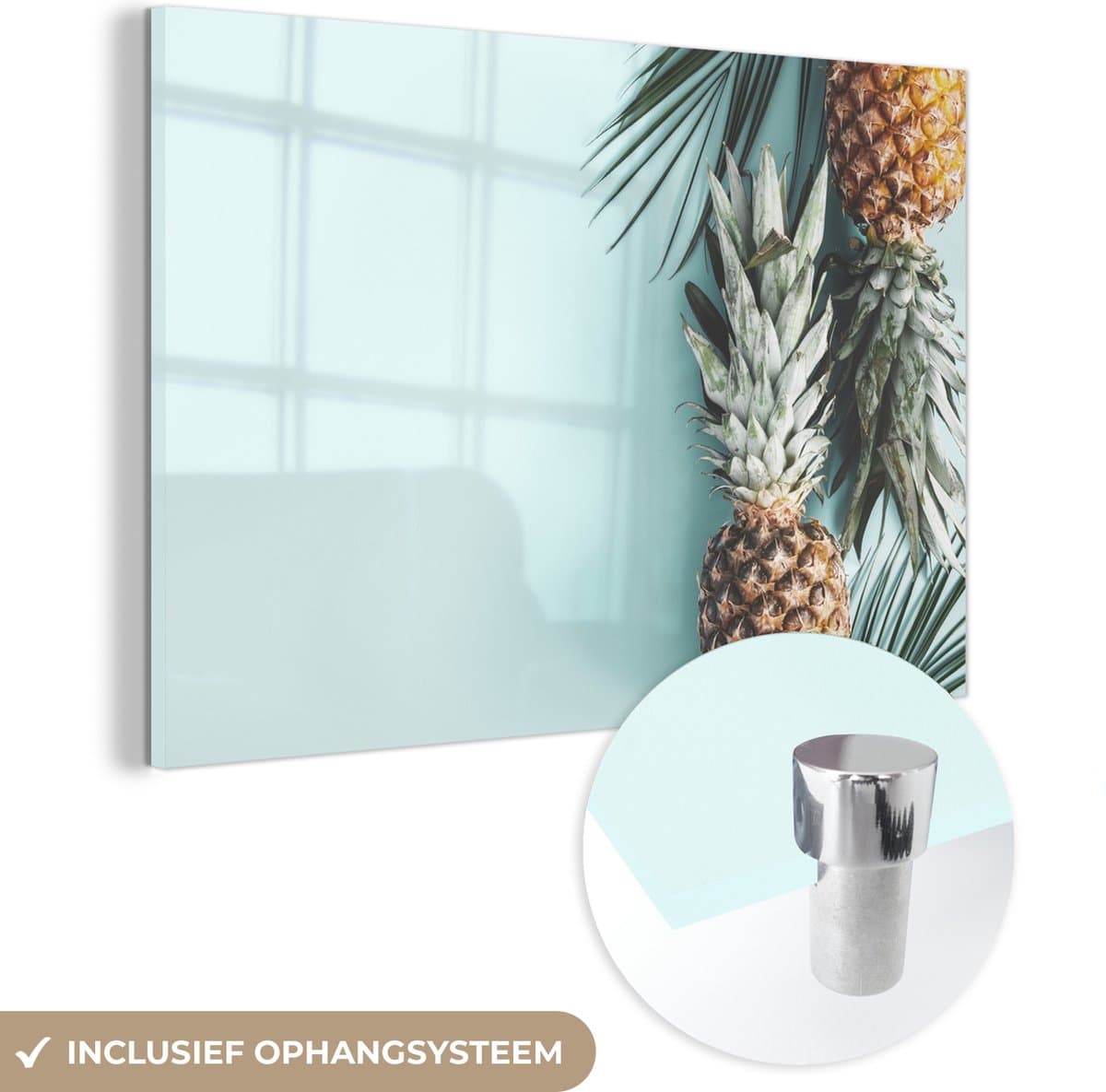 ® Glasschilderij 120x80 cm - Schilderij acrylglas - Ananas - Blauw - Zomer - Foto op glas - Muurdecoratie woonkamer - Wanddecoratie slaapkamer - Schilderijen