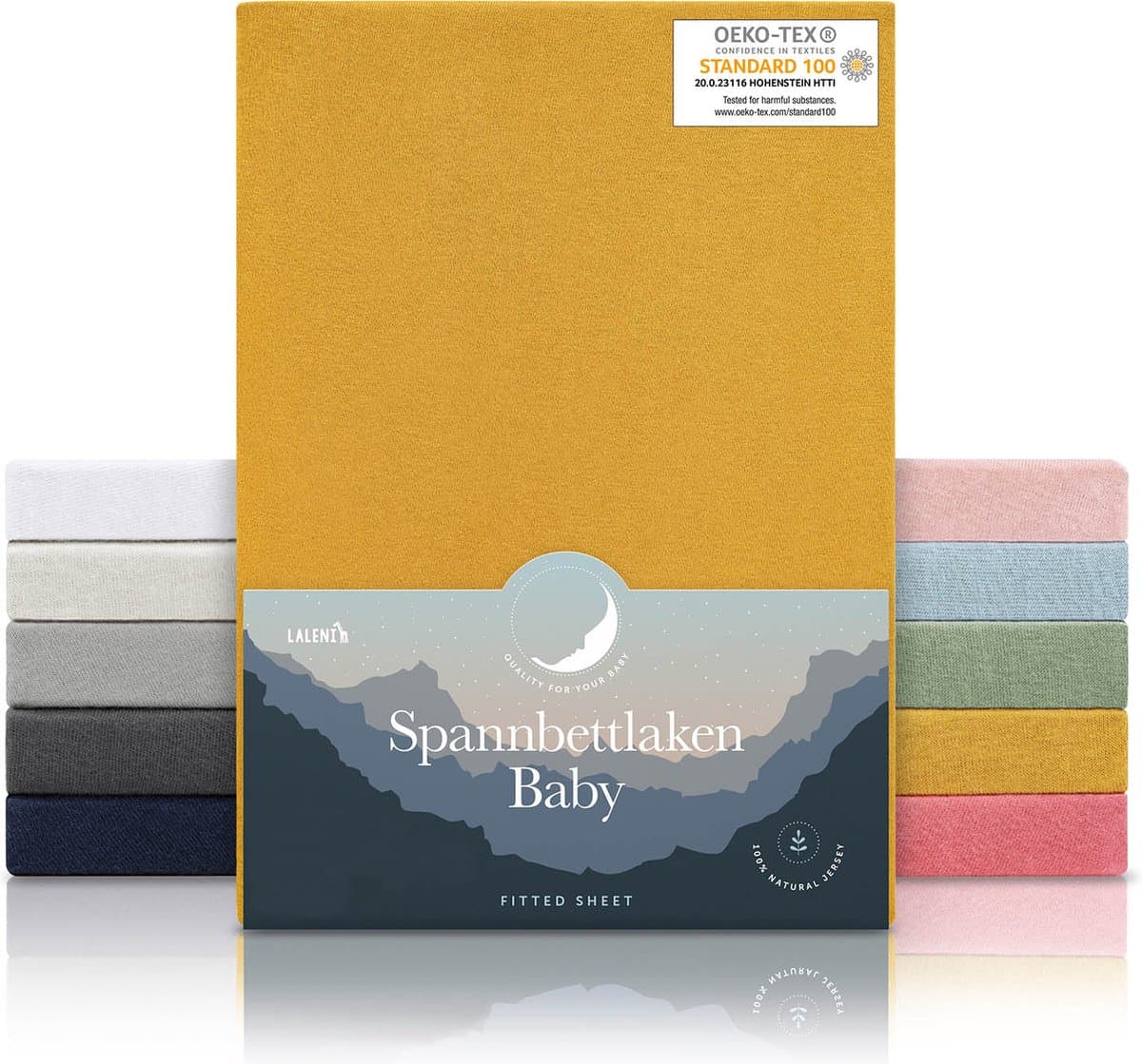Laleni Jersey Baby/Kind Hoeslaken - Actief Ademend - Oeko-Tex Certificeerd - Babybed, Wieg, Kinderbed 100 x 100 x 10cm, pittige mosterd, vierkant