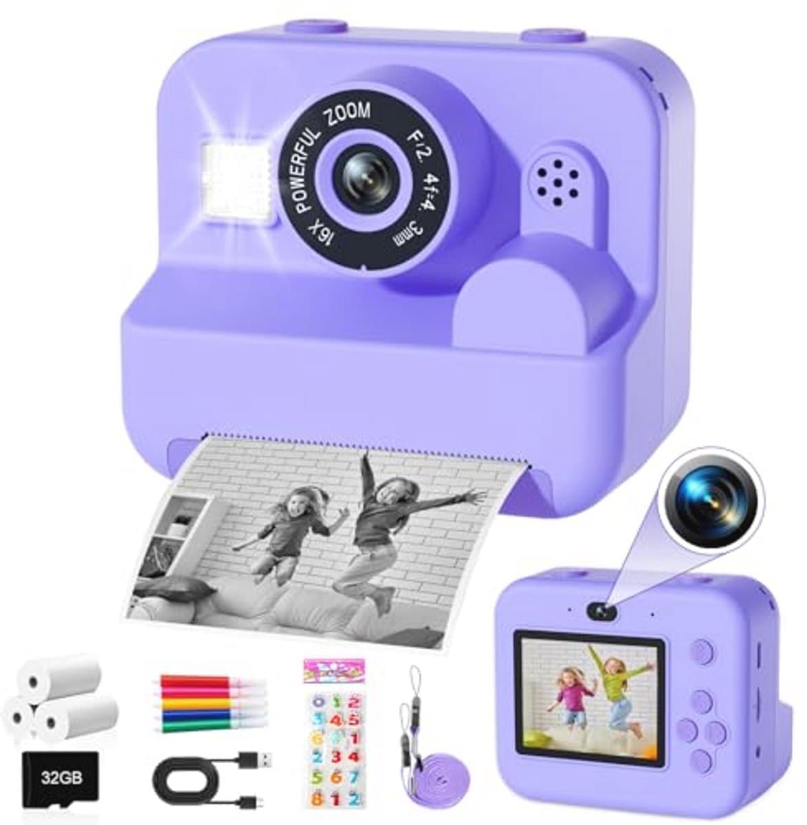 Instant camera voor kinderen - zwart-wit fotocamera met 32G TF-kaart - perfect cadeau voor 3-12 jaar