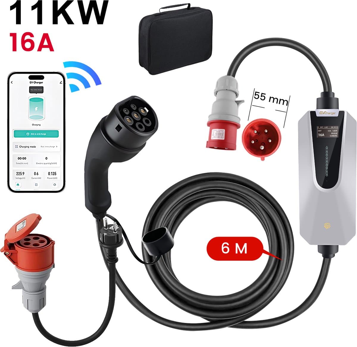 Hexinex Draagbare 11kW 16A 6M 3-Fase EV Laadkabel - Type 2 Laadpaal , APP-besturing, Schakelbare stroom, 1* Adapter - IEC62196-2 & IP65