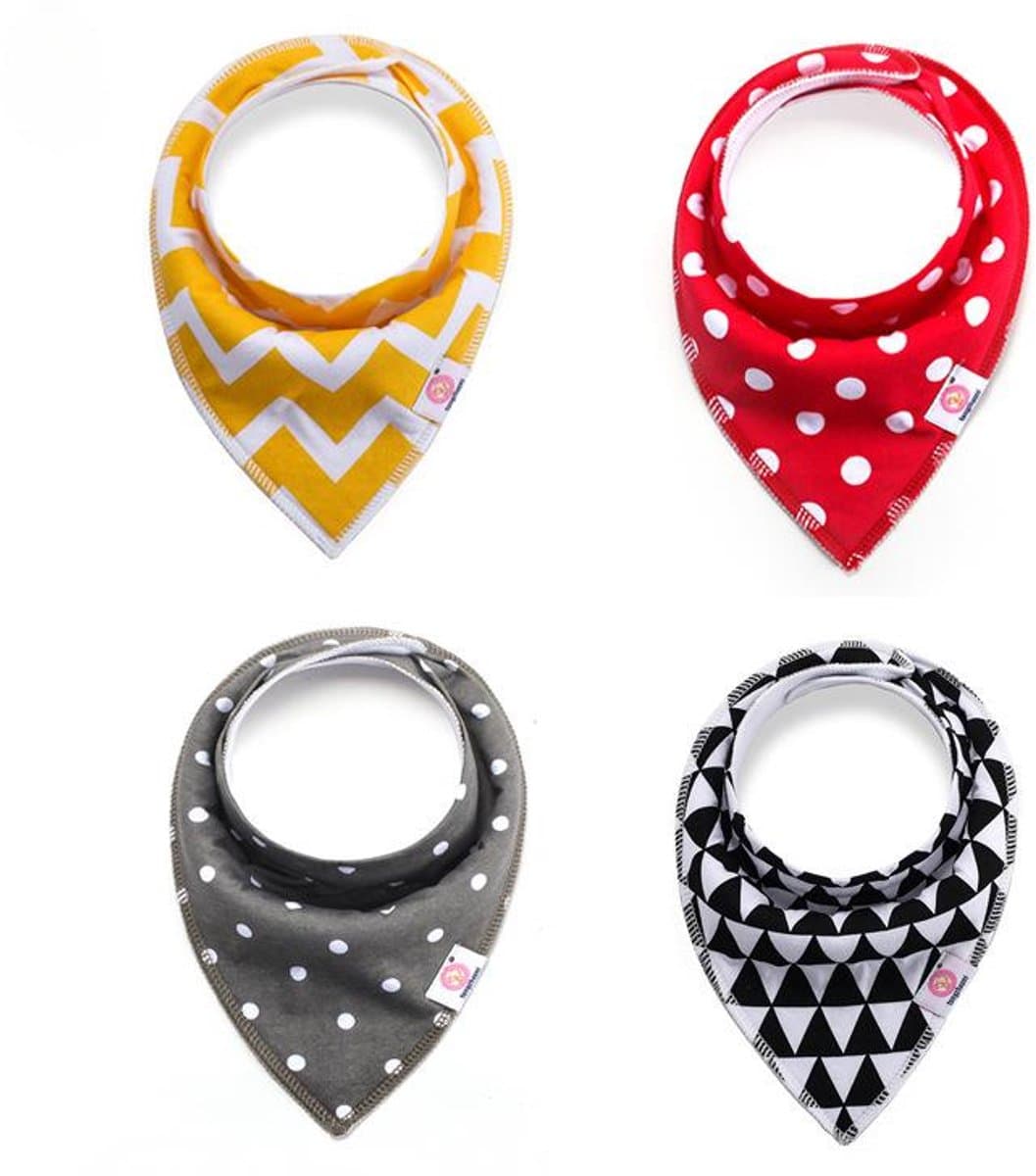Set van 4 – Babybandana-slabbetjes van puur katoen – Absorberend en ademend – Bedrukt – Unisex – Stijl C